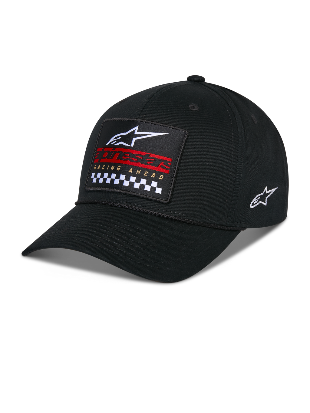 Cappello Alpinestars Matrix Snapback, nero, visiera curva con corona strutturata, toppa ricamata multicolore sul davanti con logo Alpinestars, marchio rosso e motivo a scacchi, logo ricamato laterale, copricapo casual motorsport