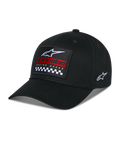 Cappello Alpinestars Matrix Snapback, nero, visiera curva con corona strutturata, toppa ricamata multicolore sul davanti con logo Alpinestars, marchio rosso e motivo a scacchi, logo ricamato laterale, copricapo casual motorsport