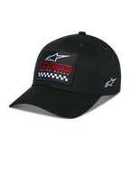 Cappello Alpinestars Matrix Snapback, nero, visiera curva con corona strutturata, toppa ricamata multicolore sul davanti con logo Alpinestars, marchio rosso e motivo a scacchi, logo ricamato laterale, copricapo casual motorsport