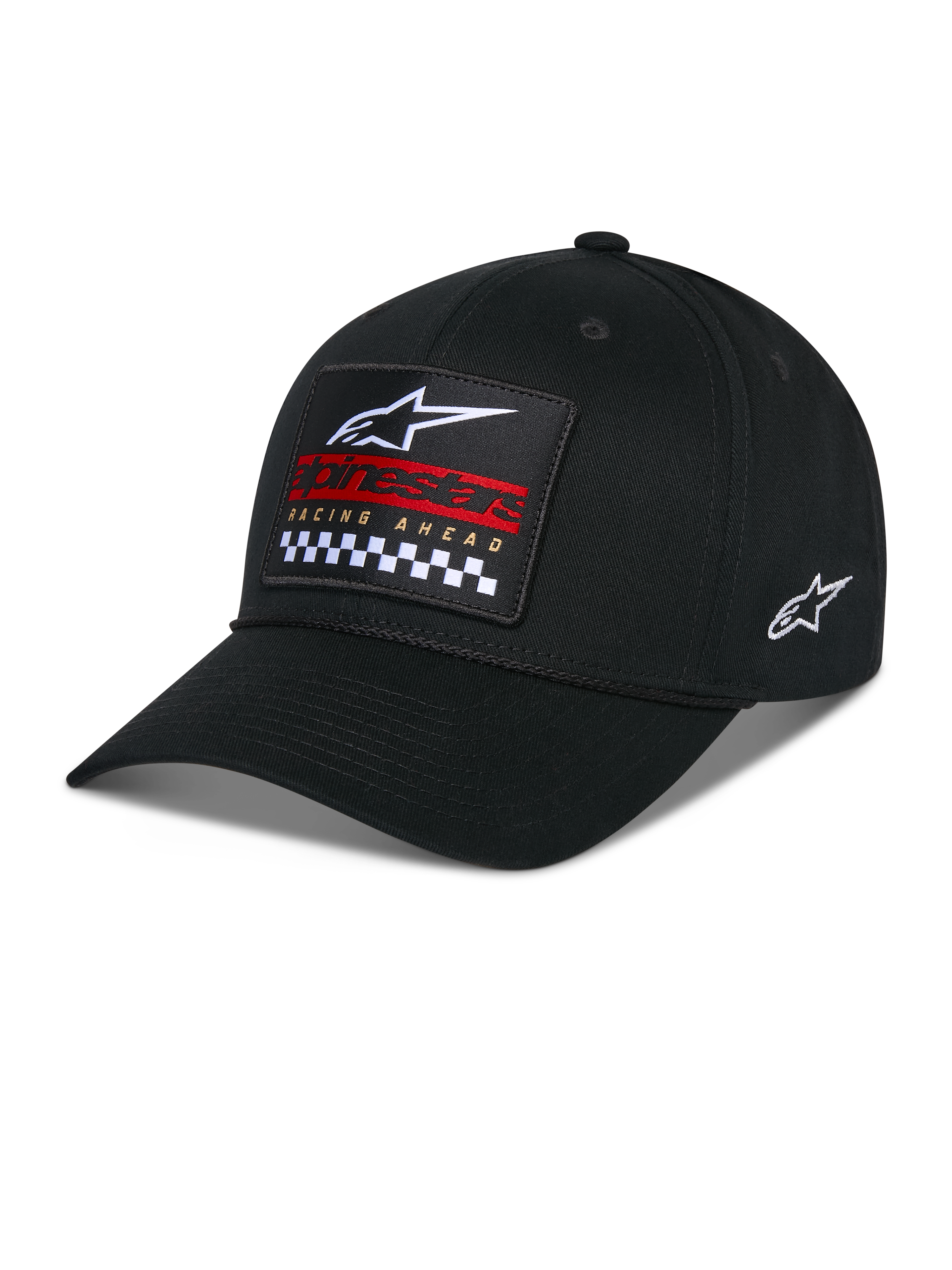 Cappello Alpinestars Matrix Snapback, nero, visiera curva con corona strutturata, toppa ricamata multicolore sul davanti con logo Alpinestars, marchio rosso e motivo a scacchi, logo ricamato laterale, copricapo casual motorsport