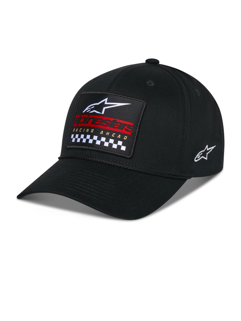 Cappello Alpinestars Matrix Snapback, nero, visiera curva con corona strutturata, toppa ricamata multicolore sul davanti con logo Alpinestars, marchio rosso e motivo a scacchi, logo ricamato laterale, copricapo casual motorsport