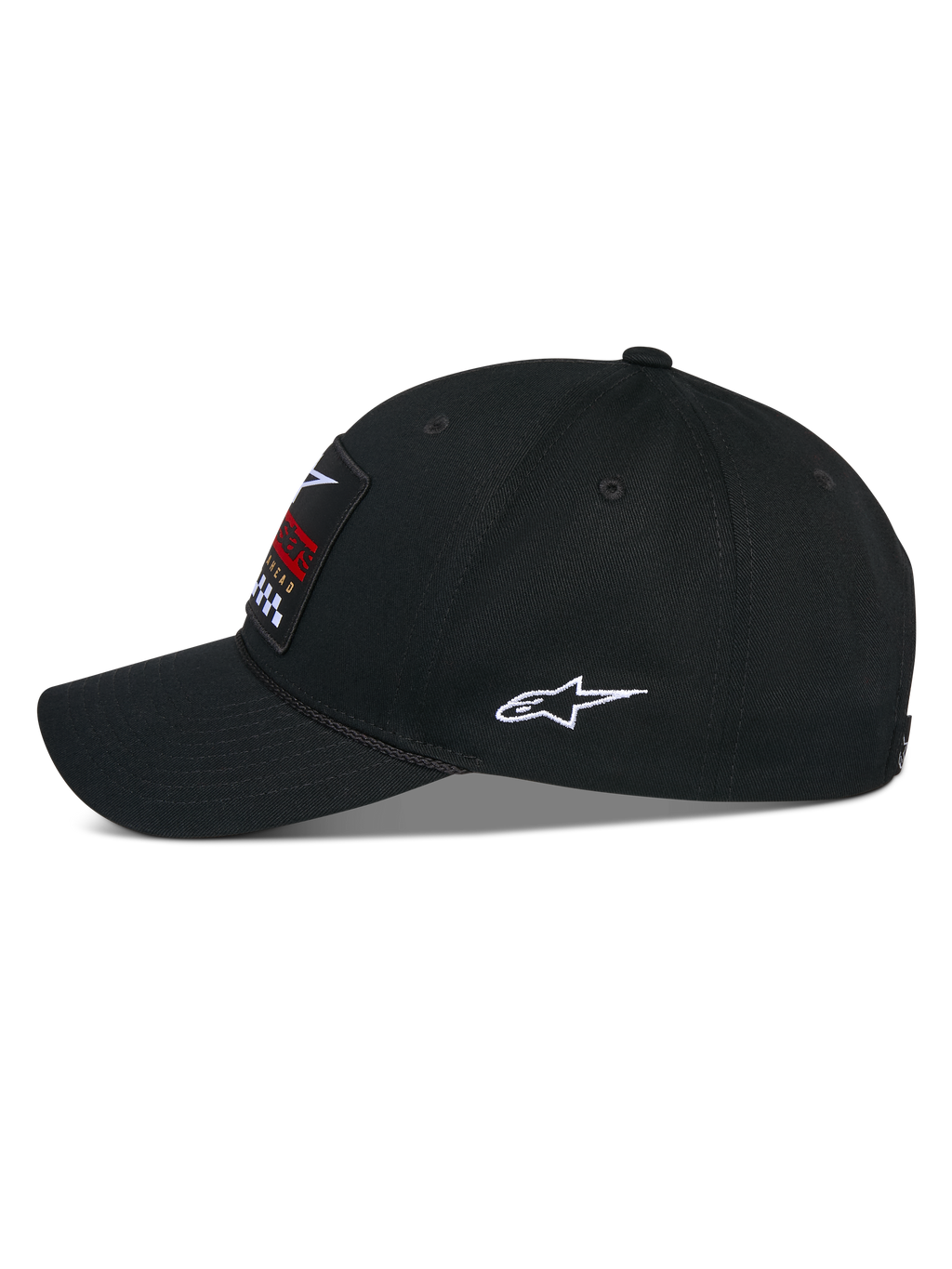 Cappello Alpinestars Matrix Snapback, nero, vista laterale di un cappellino da baseball con visiera curva e corona strutturata, con toppa ricamata multicolore sul davanti e logo Astars bianco sul lato, realizzato in twill di cotone