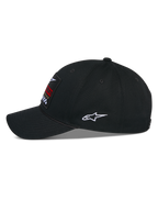 Cappello Alpinestars Matrix Snapback, nero, vista laterale di un cappellino da baseball con visiera curva e corona strutturata, con toppa ricamata multicolore sul davanti e logo Astars bianco sul lato, realizzato in twill di cotone