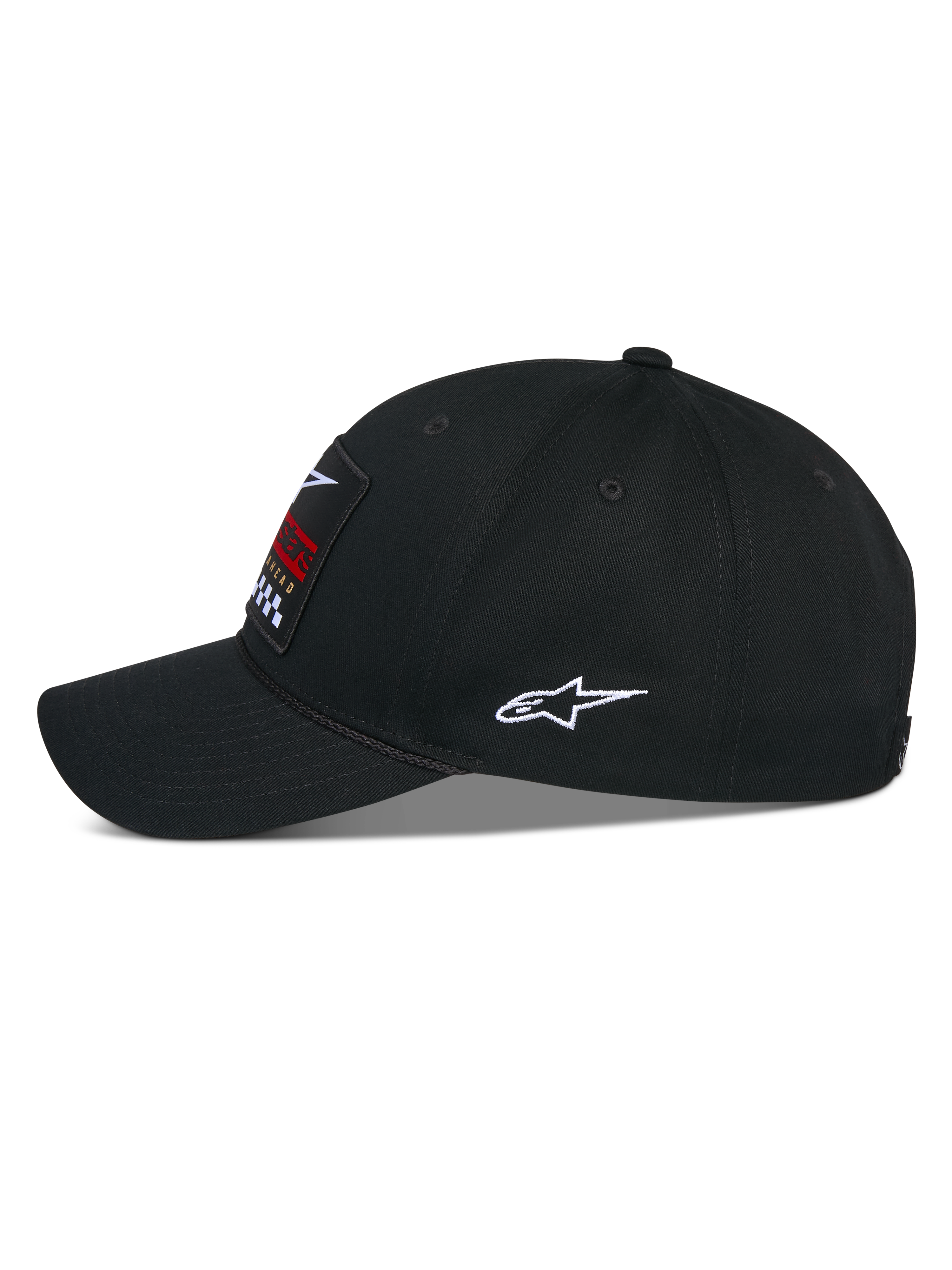 Cappello Alpinestars Matrix Snapback, nero, vista laterale di un cappellino da baseball con visiera curva e corona strutturata, con toppa ricamata multicolore sul davanti e logo Astars bianco sul lato, realizzato in twill di cotone