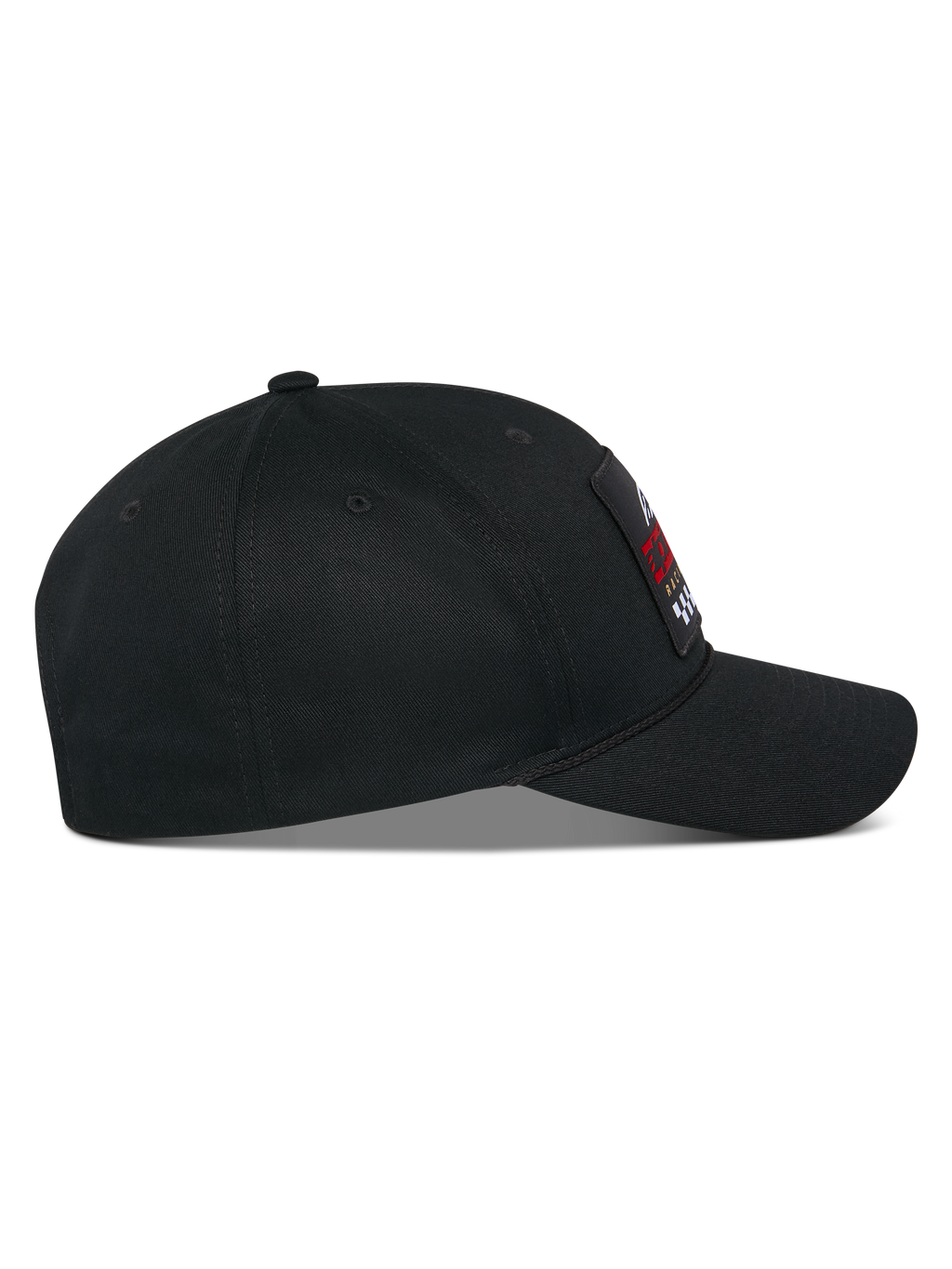 Cappello Alpinestars Matrix Snapback, profilo laterale, cappello in twill di cotone nero con visiera curva e corona strutturata, toppa ricamata multicolore sul davanti, streetwear casual motorsport