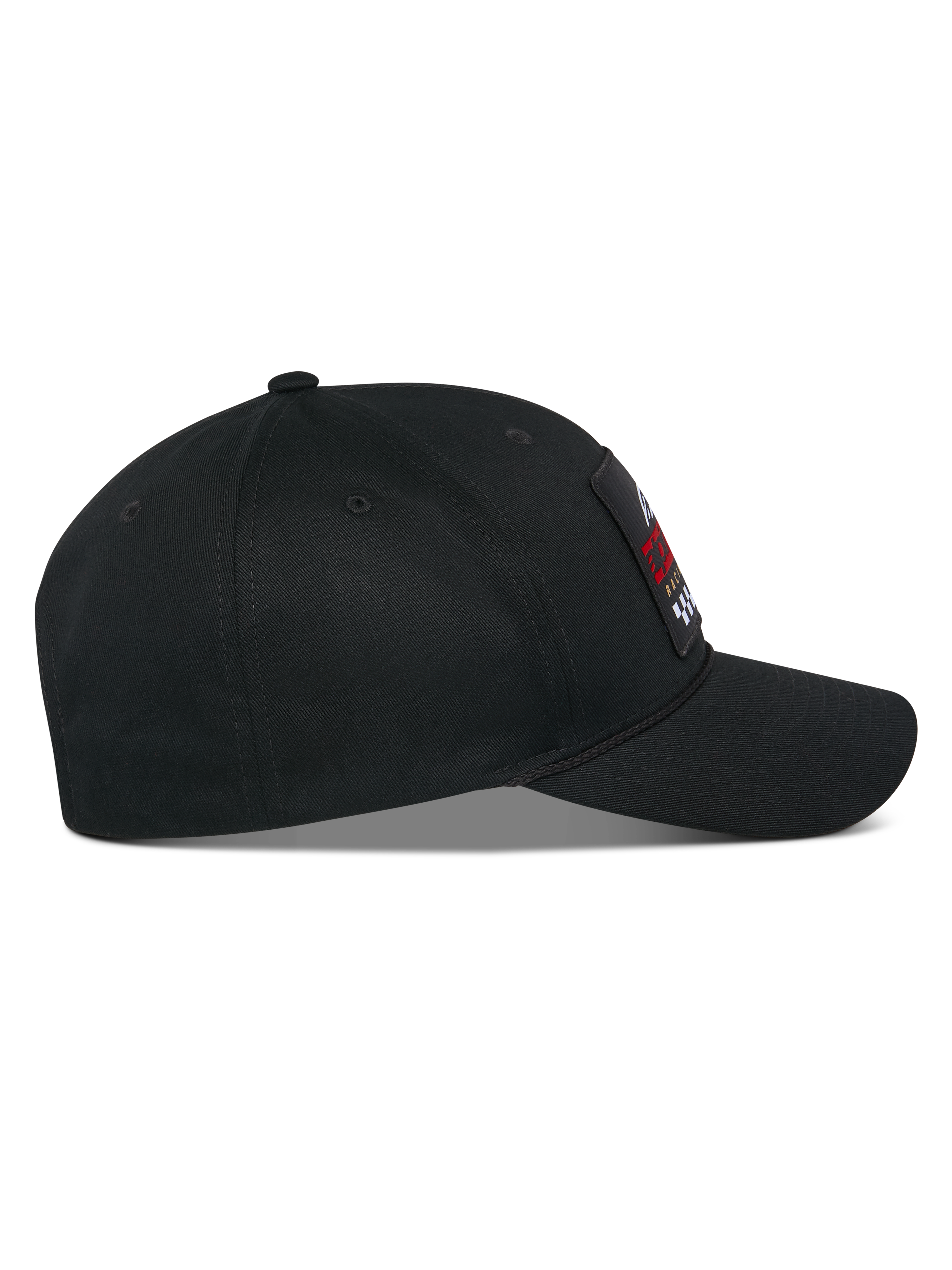 Cappello Alpinestars Matrix Snapback, profilo laterale, cappello in twill di cotone nero con visiera curva e corona strutturata, toppa ricamata multicolore sul davanti, streetwear casual motorsport