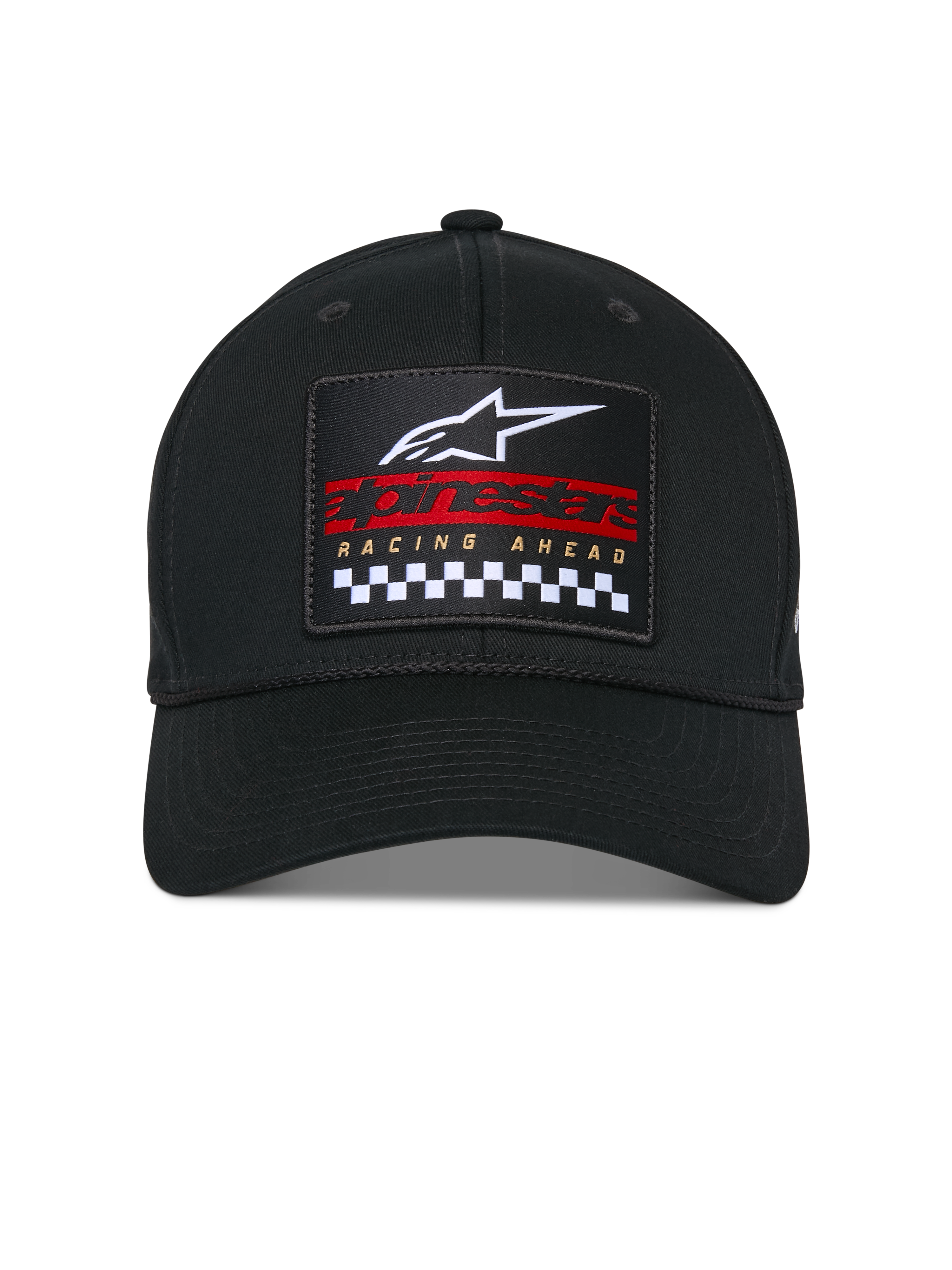 Cappello Alpinestars Matrix Snapback, nero, corona strutturata e visiera curva, vista frontale con toppa ricamata multicolore con logo Astars bianco, marchio rosso e motivo a scacchi bianco e nero, copricapo casual motorsport