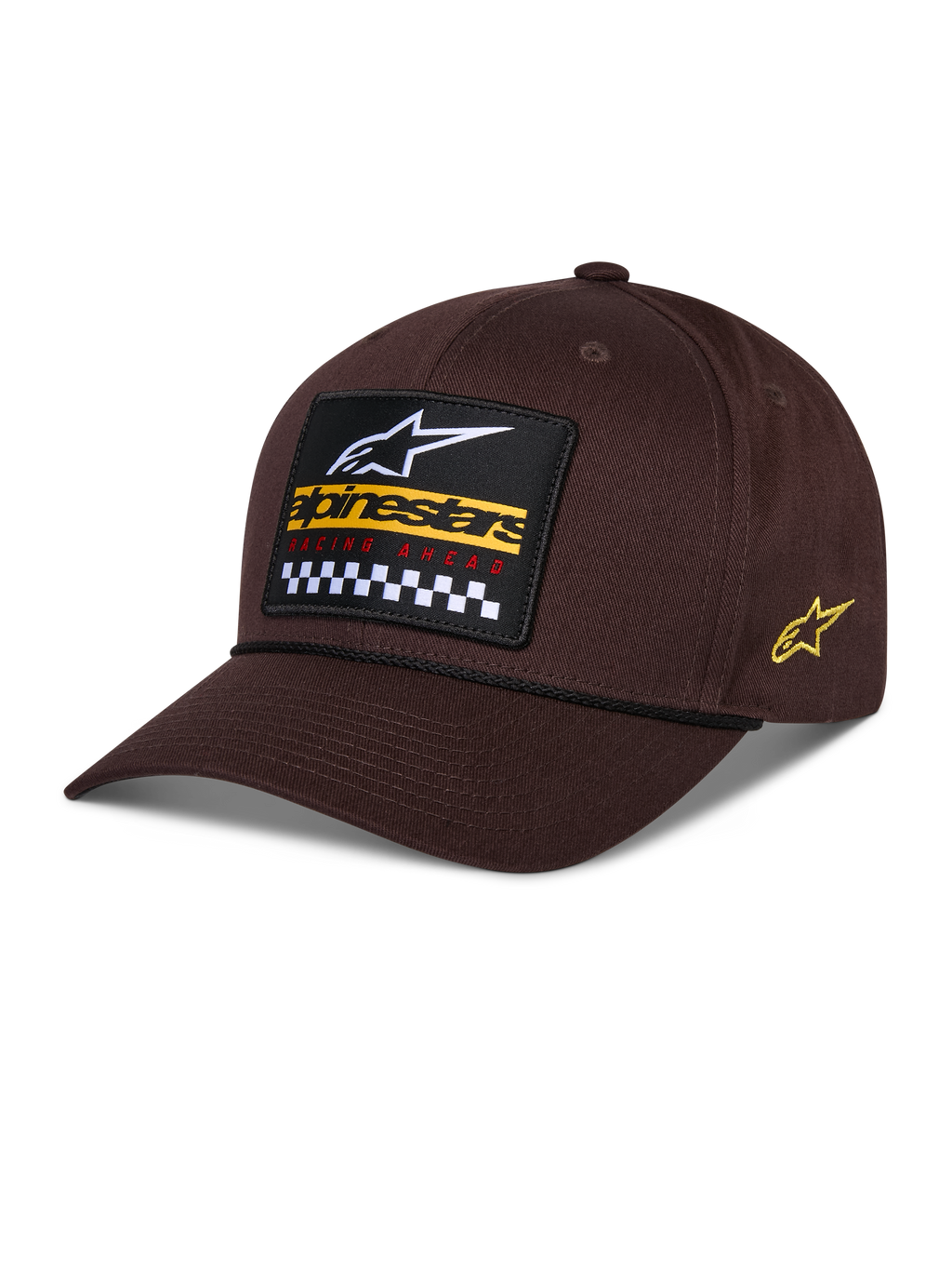 Cappello Matrix Snapback Alpinestars, marrone, con toppa frontale ricamata con logo bianco, marchio giallo e motivo a scacchi, logo Astars laterale, visiera curva, abbigliamento sportivo casual