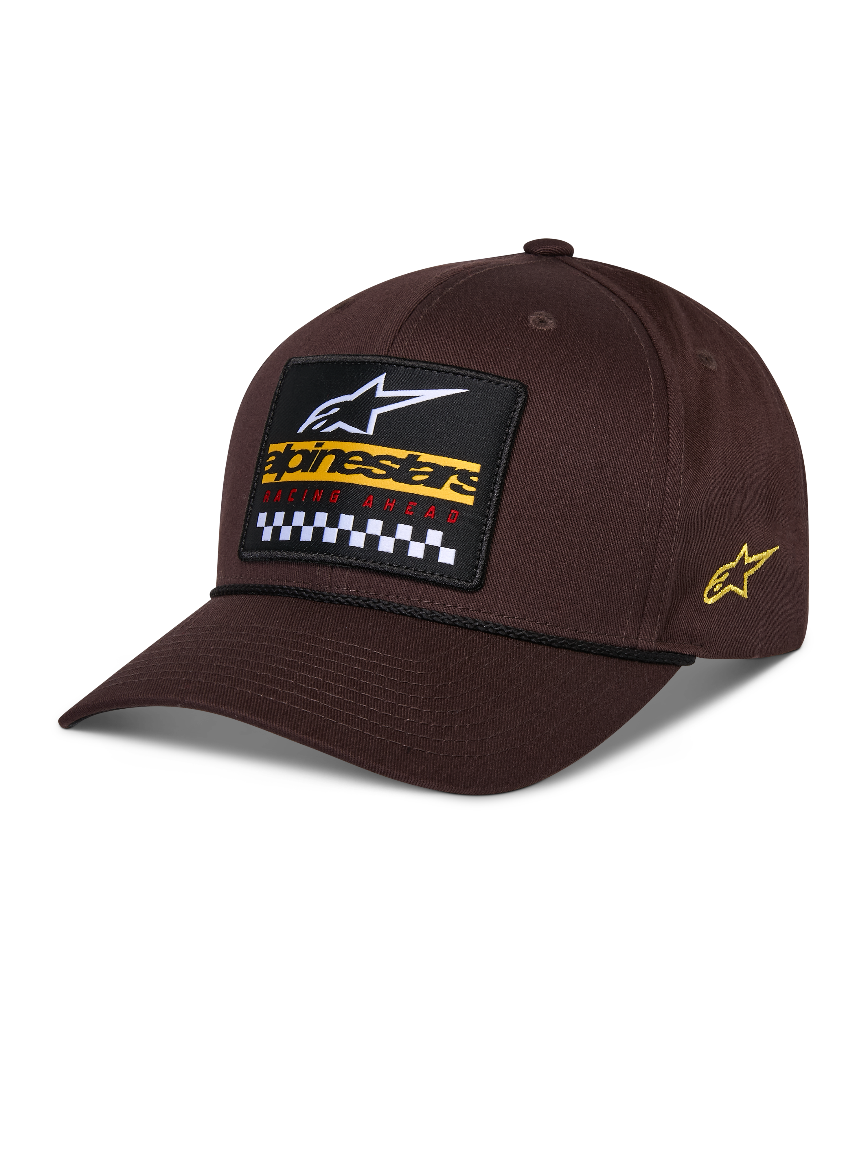 Cappello Matrix Snapback Alpinestars, marrone, con toppa frontale ricamata con logo bianco, marchio giallo e motivo a scacchi, logo Astars laterale, visiera curva, abbigliamento sportivo casual