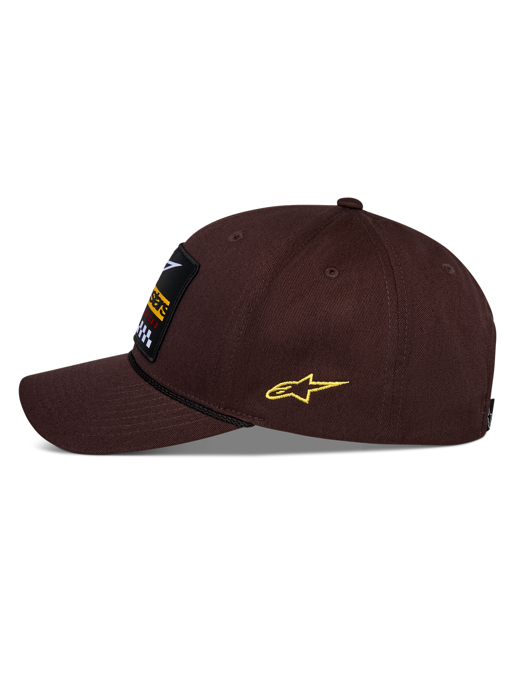 Cappello Alpinestars Matrix Snapback, marrone, vista laterale, visiera curva con dettaglio cordino nero, toppa ricamata frontale, logo Astars giallo laterale, struttura in twill di cotone, copricapo motorsport casual