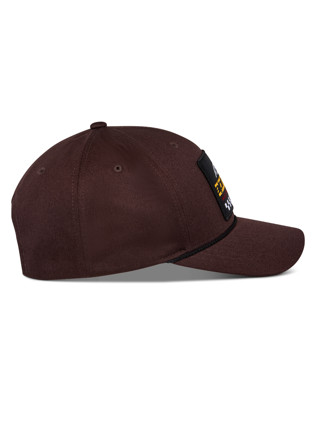 Cappello Alpinestars Matrix Snapback, marrone scuro, vista laterale con visiera curva, corona strutturata e toppa ricamata frontale con dettaglio in cordino, copricapo casual ispirato al motorsport