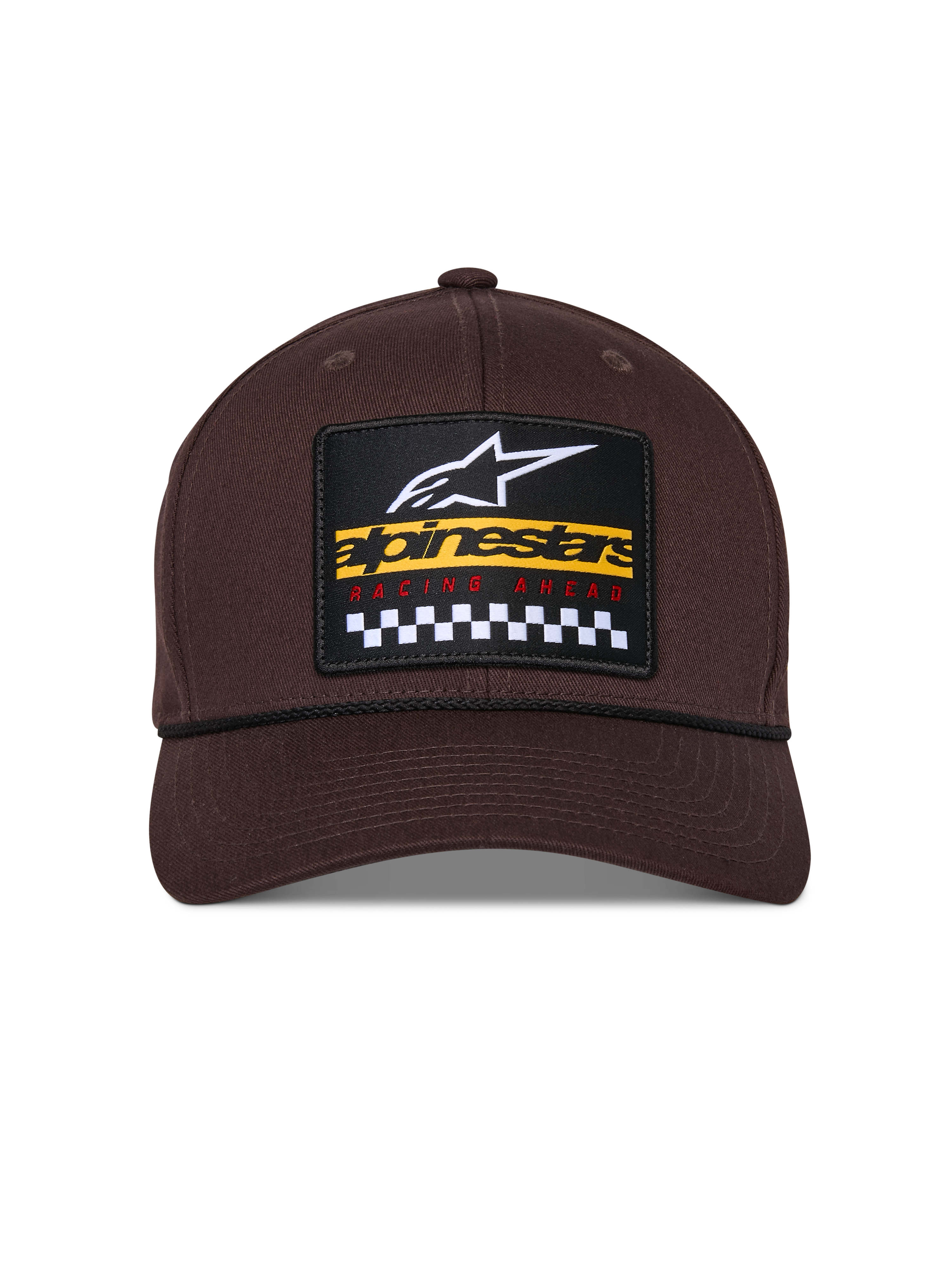Cappello Matrix Snapback Alpinestars, marrone, vista frontale con corona strutturata e visiera curva, toppa ricamata multicolore con marchio Alpinestars e motivo racing a scacchi, dettaglio a cordino nero, copricapo casual ispirato al motorsport