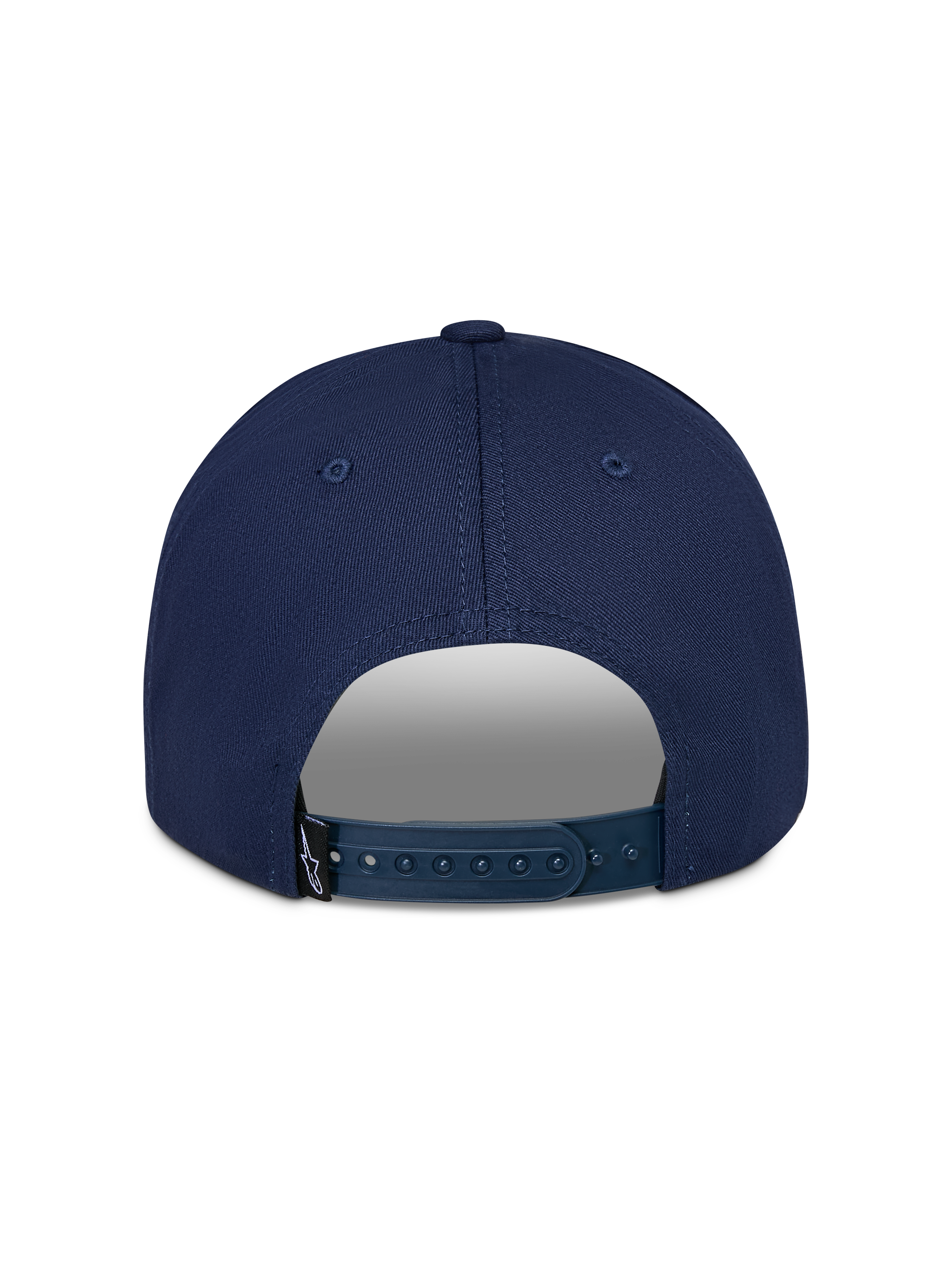 Cappello Alpinestars Trifecta Snapback, Navy, vista posteriore con chiusura snapback regolabile, piccola etichetta nera con logo, twill di cotone resistente, streetwear casual motorsport
