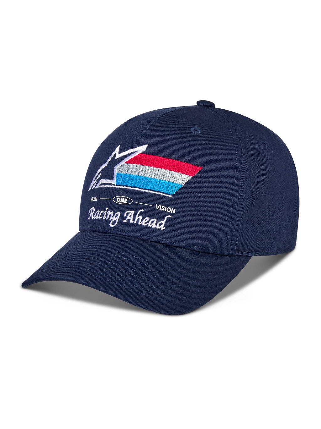 Cappello Alpinestars Trifecta Snapback, blu navy, visiera curva con corona strutturata, logo Astars ricamato sul davanti con strisce rosse, bianche e azzurre, testo bianco 'Racing Ahead' e 'Goal One Vision', copricapo casual da motorsport