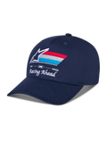 Cappello Alpinestars Trifecta Snapback, blu navy, visiera curva con corona strutturata, logo Astars ricamato sul davanti con strisce rosse, bianche e azzurre, testo bianco 'Racing Ahead' e 'Goal One Vision', copricapo casual da motorsport