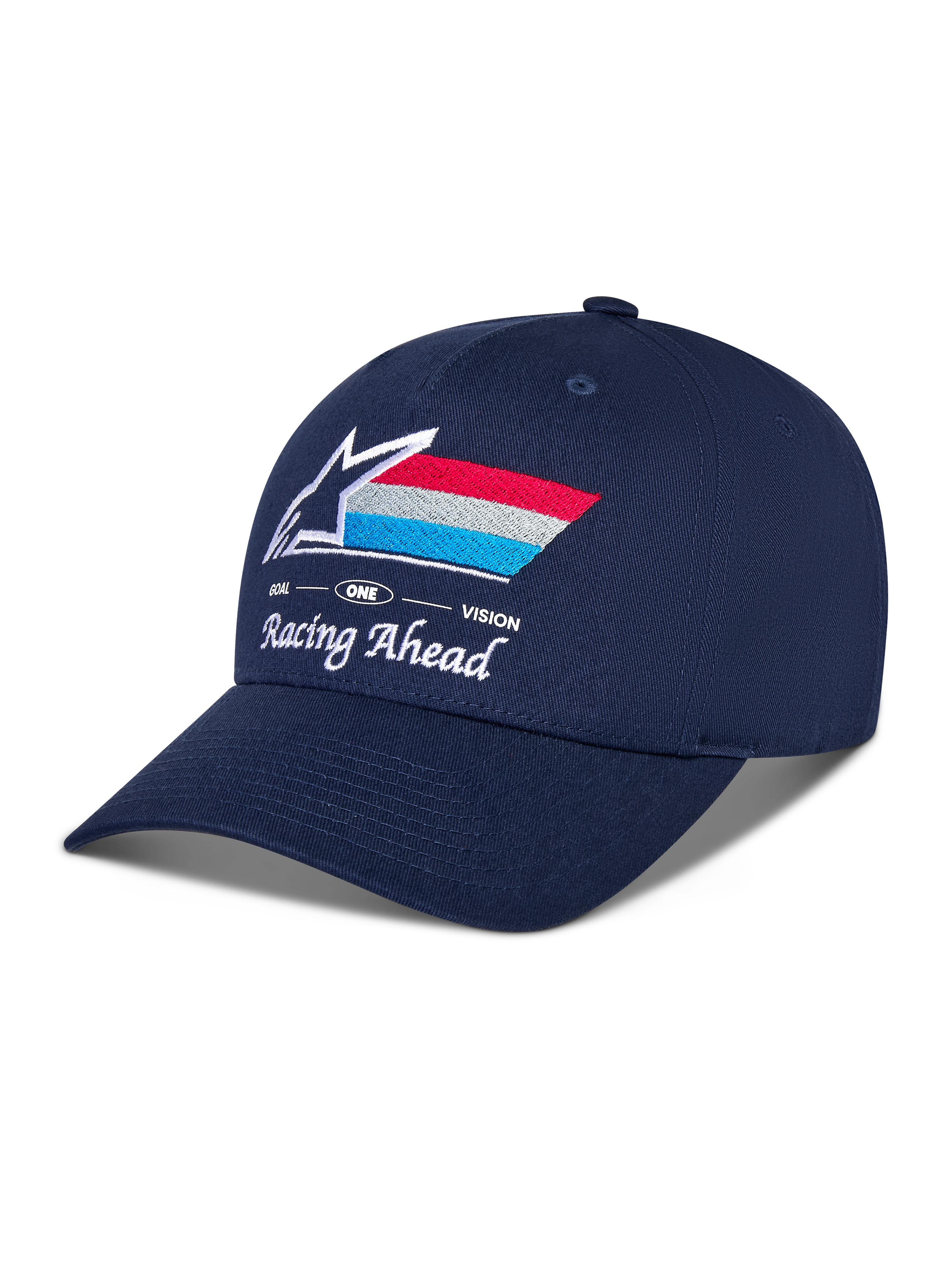 Cappello Alpinestars Trifecta Snapback, blu navy, visiera curva con corona strutturata, logo Astars ricamato sul davanti con strisce rosse, bianche e azzurre, testo bianco 'Racing Ahead' e 'Goal One Vision', copricapo casual da motorsport