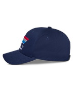 Alpinestars Trifecta Snapback Hat, blu navy, vista laterale, con visiera curva e grafica a strisce tricolore con testo bianco, abbigliamento casual motorsport