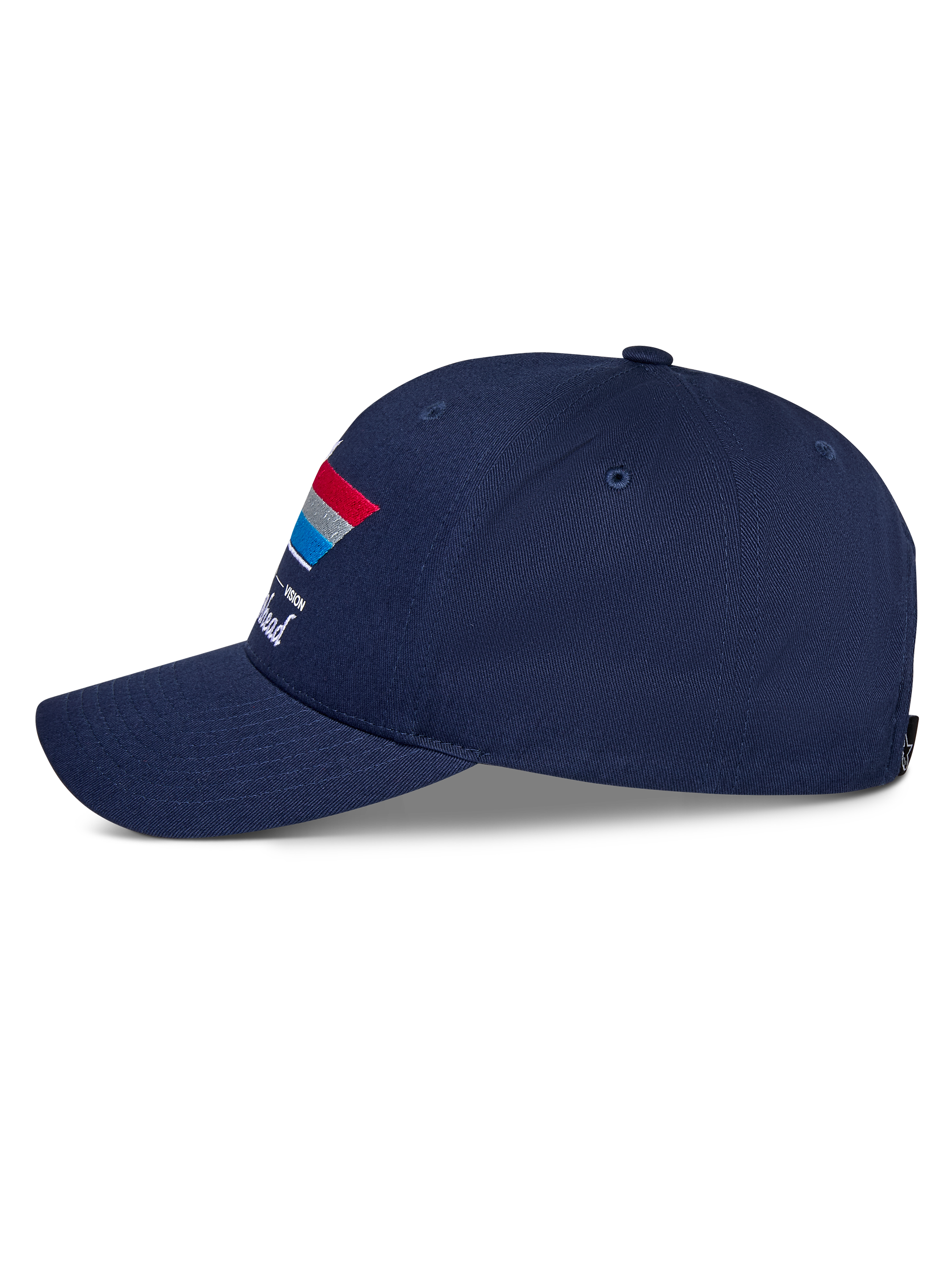 Alpinestars Trifecta Snapback Hat, blu navy, vista laterale, con visiera curva e grafica a strisce tricolore con testo bianco, abbigliamento casual motorsport