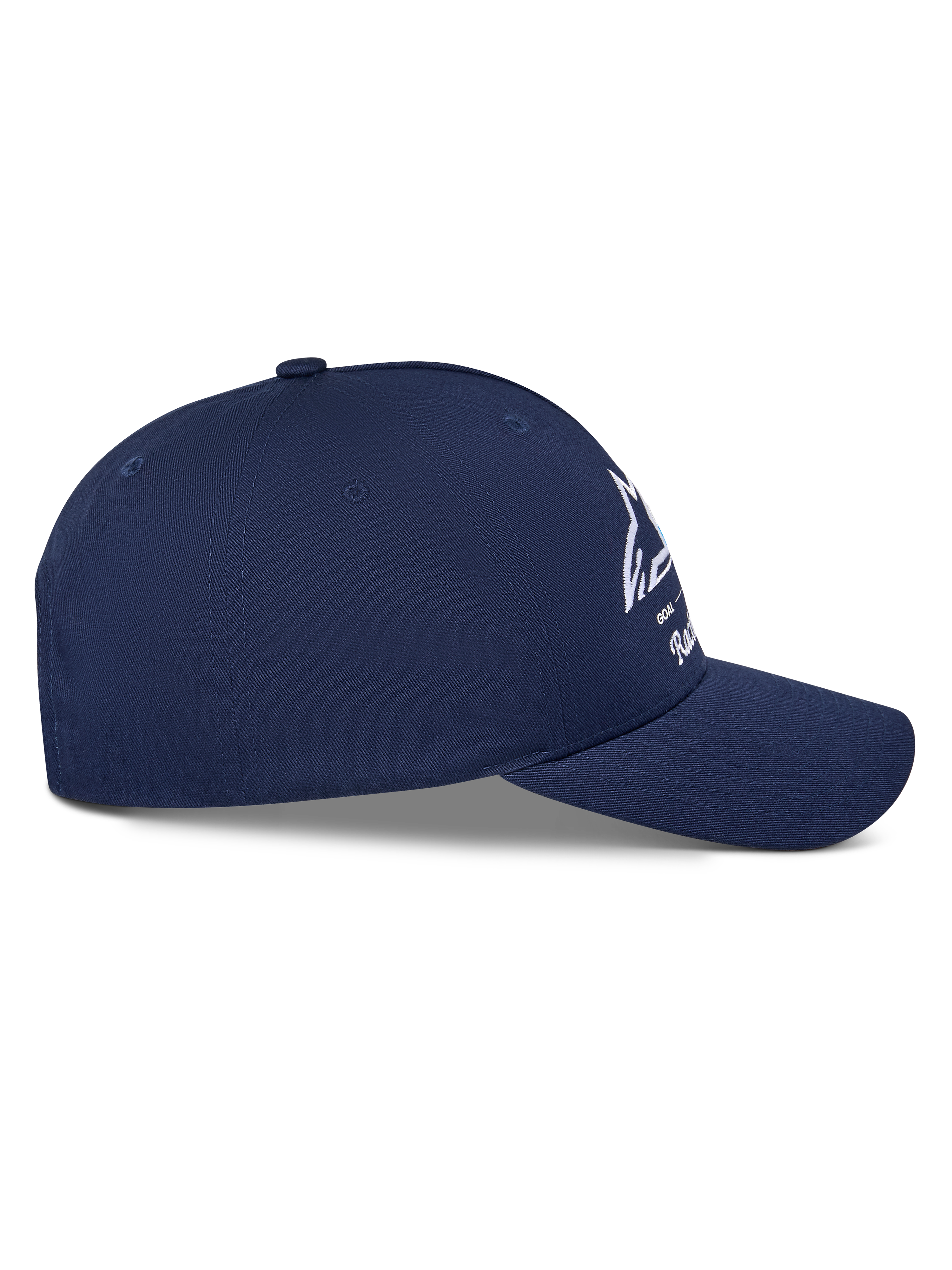 Cappello Alpinestars Trifecta Snapback, blu navy, vista di profilo con visiera curva e corona strutturata, logo Astars bianco con strisce tricolore, tessuto in twill, streetwear casual ispirato al motorsport