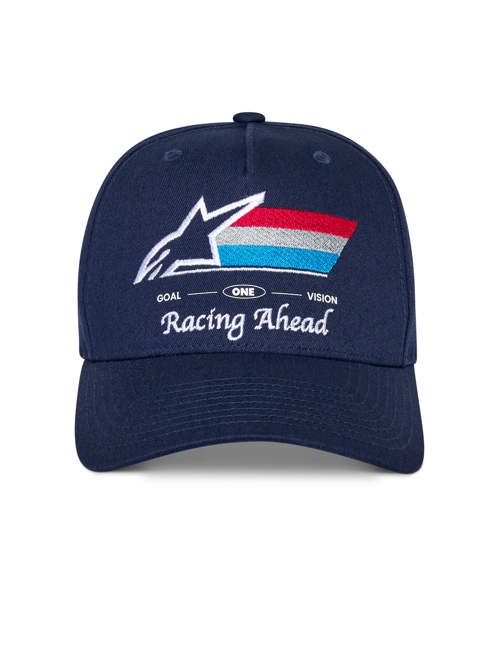 Cappello Alpinestars Trifecta Snapback, cappellino blu navy con visiera curva, con logo frontale ricamato con stella bianca e strisce tricolore, scritte bianche 'Racing Ahead' e 'Goal One Vision', corona strutturata, copricapo casual ispirato al motorsport
