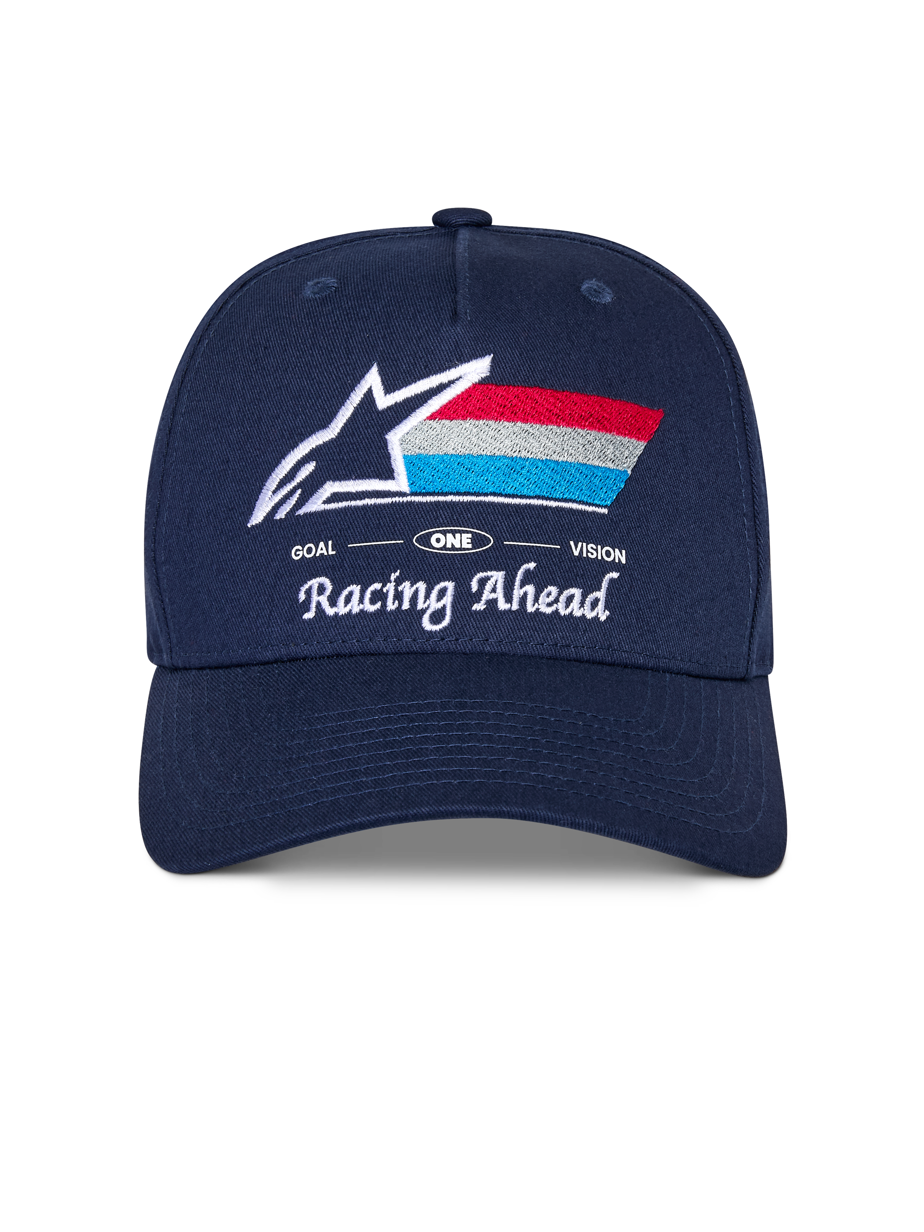 Cappello Alpinestars Trifecta Snapback, cappellino blu navy con visiera curva, con logo frontale ricamato con stella bianca e strisce tricolore, scritte bianche 'Racing Ahead' e 'Goal One Vision', corona strutturata, copricapo casual ispirato al motorsport