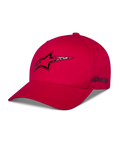 Cappello Alpinestars Carbon Fiber Snapback, rosso, logo Astars frontale e scritta laterale con stampa a trasferimento termico effetto fibra di carbonio, visiera curva e corona strutturata, abbigliamento casual motorsport