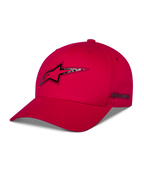 Cappello Alpinestars Carbon Fiber Snapback, rosso, logo Astars frontale e scritta laterale con stampa a trasferimento termico effetto fibra di carbonio, visiera curva e corona strutturata, abbigliamento casual motorsport