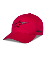 Cappello Alpinestars Carbon Fiber Snapback, rosso, logo Astars frontale e scritta laterale con stampa a trasferimento termico effetto fibra di carbonio, visiera curva e corona strutturata, abbigliamento casual motorsport
