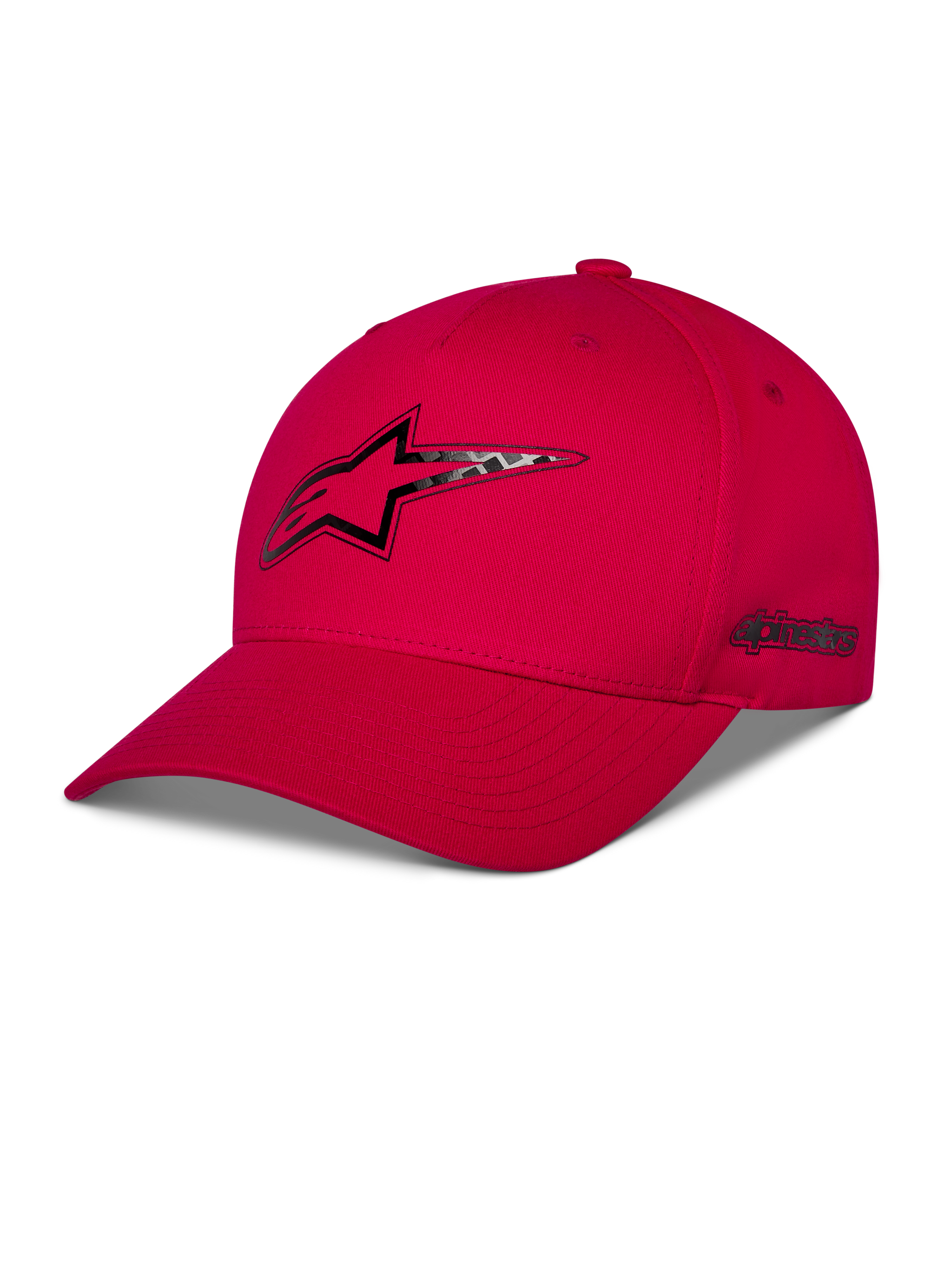 Cappello Alpinestars Carbon Fiber Snapback, rosso, logo Astars frontale e scritta laterale con stampa a trasferimento termico effetto fibra di carbonio, visiera curva e corona strutturata, abbigliamento casual motorsport