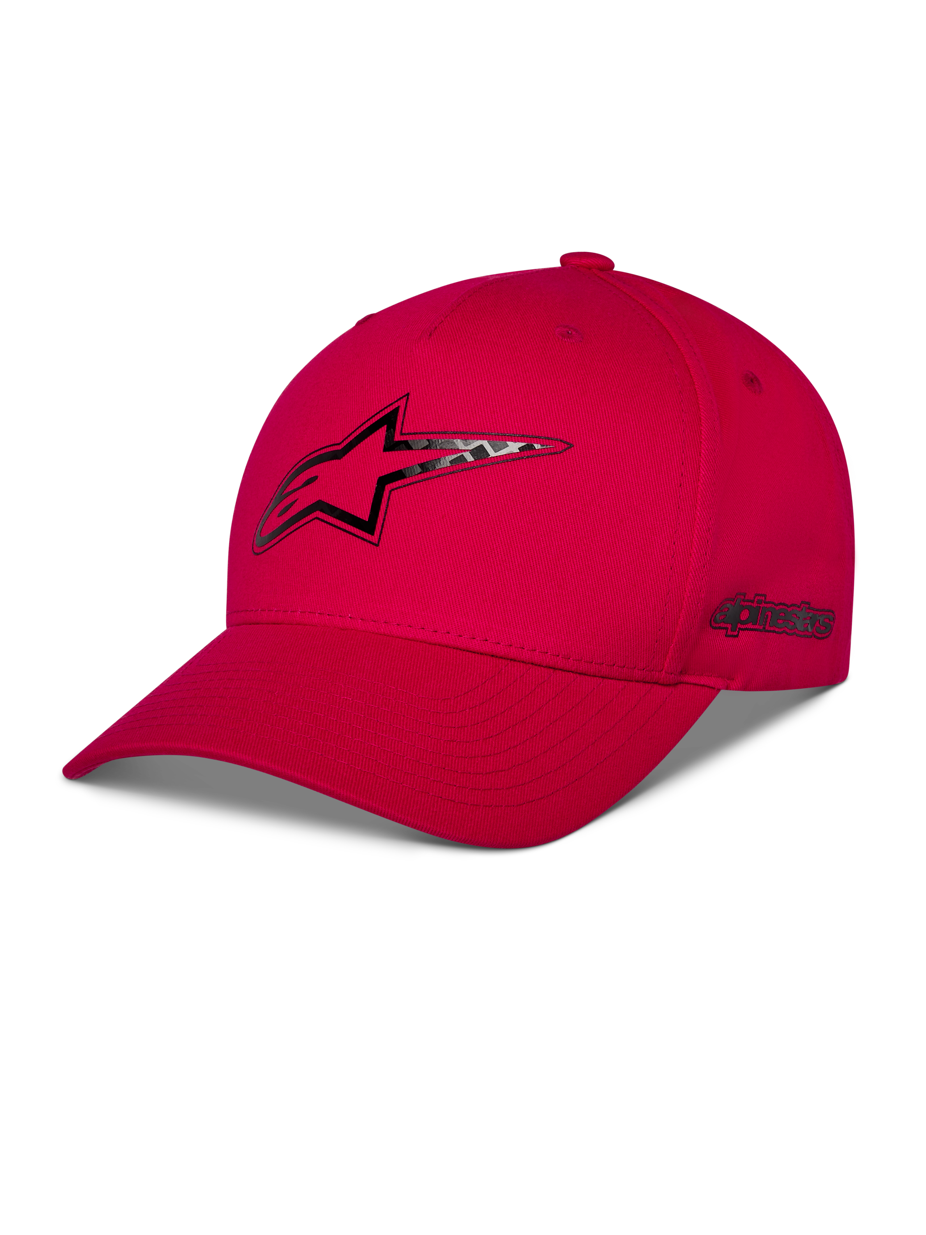 Cappello Alpinestars Carbon Fiber Snapback, rosso, logo Astars frontale e scritta laterale con stampa a trasferimento termico effetto fibra di carbonio, visiera curva e corona strutturata, abbigliamento casual motorsport