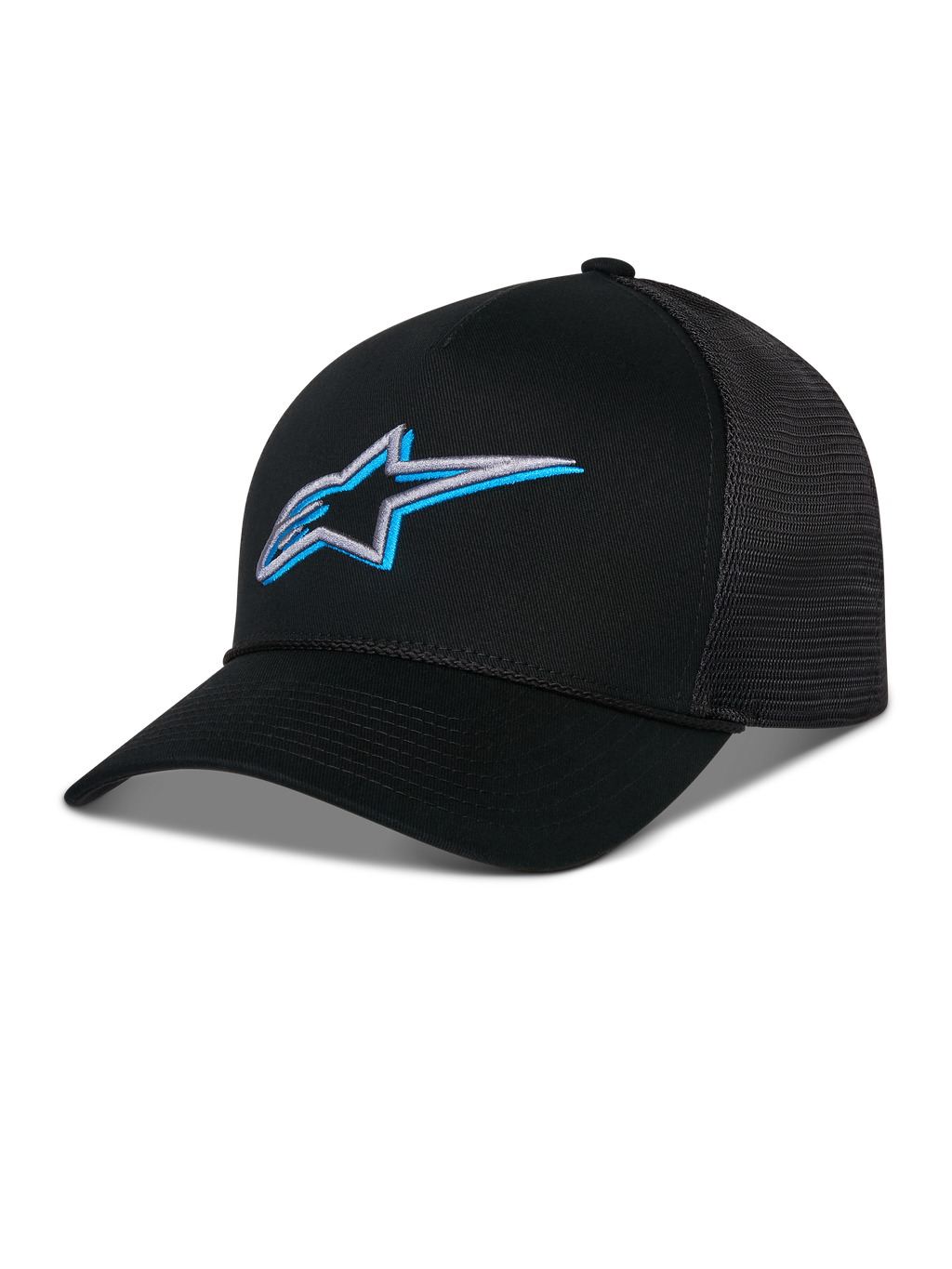 Cappello Trucker Alpinestars Ageless Shadow, nero con logo a stella ricamato in 3D blu e argento, visiera curva e pannelli posteriori in rete traspirante, accessorio casual ispirato al motorsport