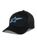 Cappello Trucker Alpinestars Ageless Shadow, nero con logo a stella ricamato in 3D blu e argento, visiera curva e pannelli posteriori in rete traspirante, accessorio casual ispirato al motorsport