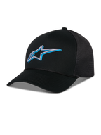 Cappello Trucker Alpinestars Ageless Shadow, nero con logo a stella ricamato in 3D blu e argento, visiera curva e pannelli posteriori in rete traspirante, accessorio casual ispirato al motorsport