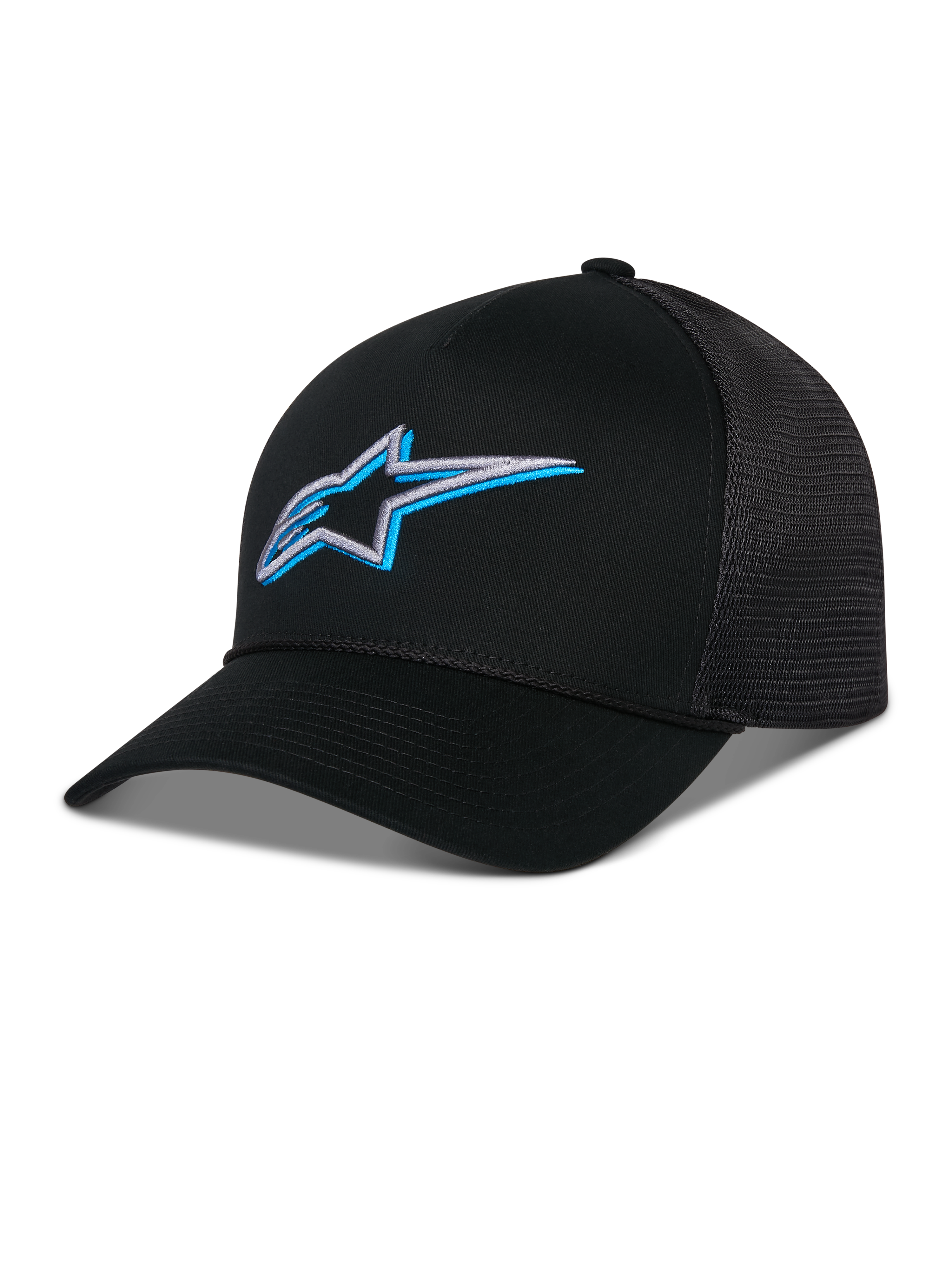 Cappello Trucker Alpinestars Ageless Shadow, nero con logo a stella ricamato in 3D blu e argento, visiera curva e pannelli posteriori in rete traspirante, accessorio casual ispirato al motorsport