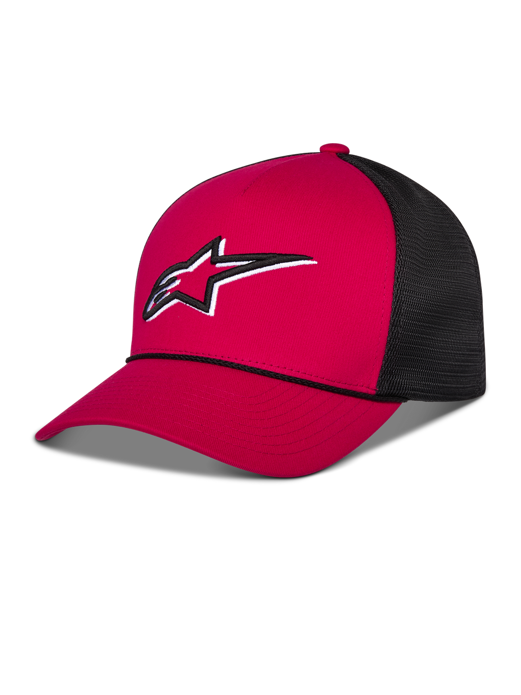 Alpinestars Ageless Shadow Trucker Hat, cappello trucker, rosso e nero, con corona strutturata rossa e visiera curva, pannelli posteriori in rete nera, logo Astars ricamato in bianco e nero sul davanti, copricapo casual ispirato al motorsport