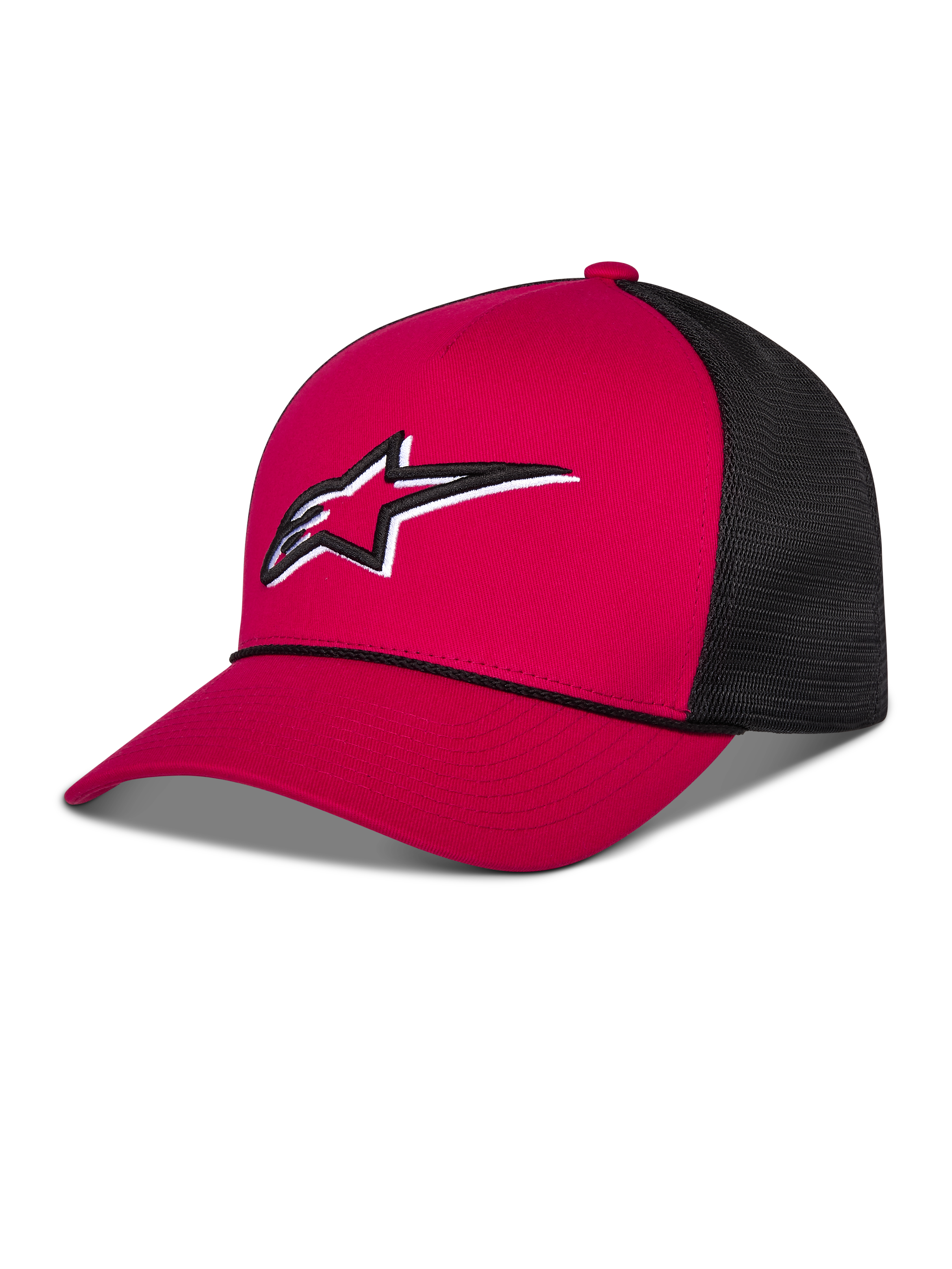 Alpinestars Ageless Shadow Trucker Hat, cappello trucker, rosso e nero, con corona strutturata rossa e visiera curva, pannelli posteriori in rete nera, logo Astars ricamato in bianco e nero sul davanti, copricapo casual ispirato al motorsport