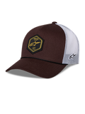 Cappellino Alpinestars Hexeon Trucker, marrone e bianco, visiera curva con parte anteriore strutturata marrone scuro e retro in rete bianca, toppa esagonale nera frontale con logo giallo, logo ricamato laterale, stile classico trucker