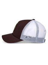 Cappellino Trucker Alpinestars Hexeon, cappellino trucker, marrone e bianco, profilo laterale, parte anteriore in twill marrone scuro con retro in rete bianca, logo Astars ricamato sul lato, visiera curva, design sportswear casual