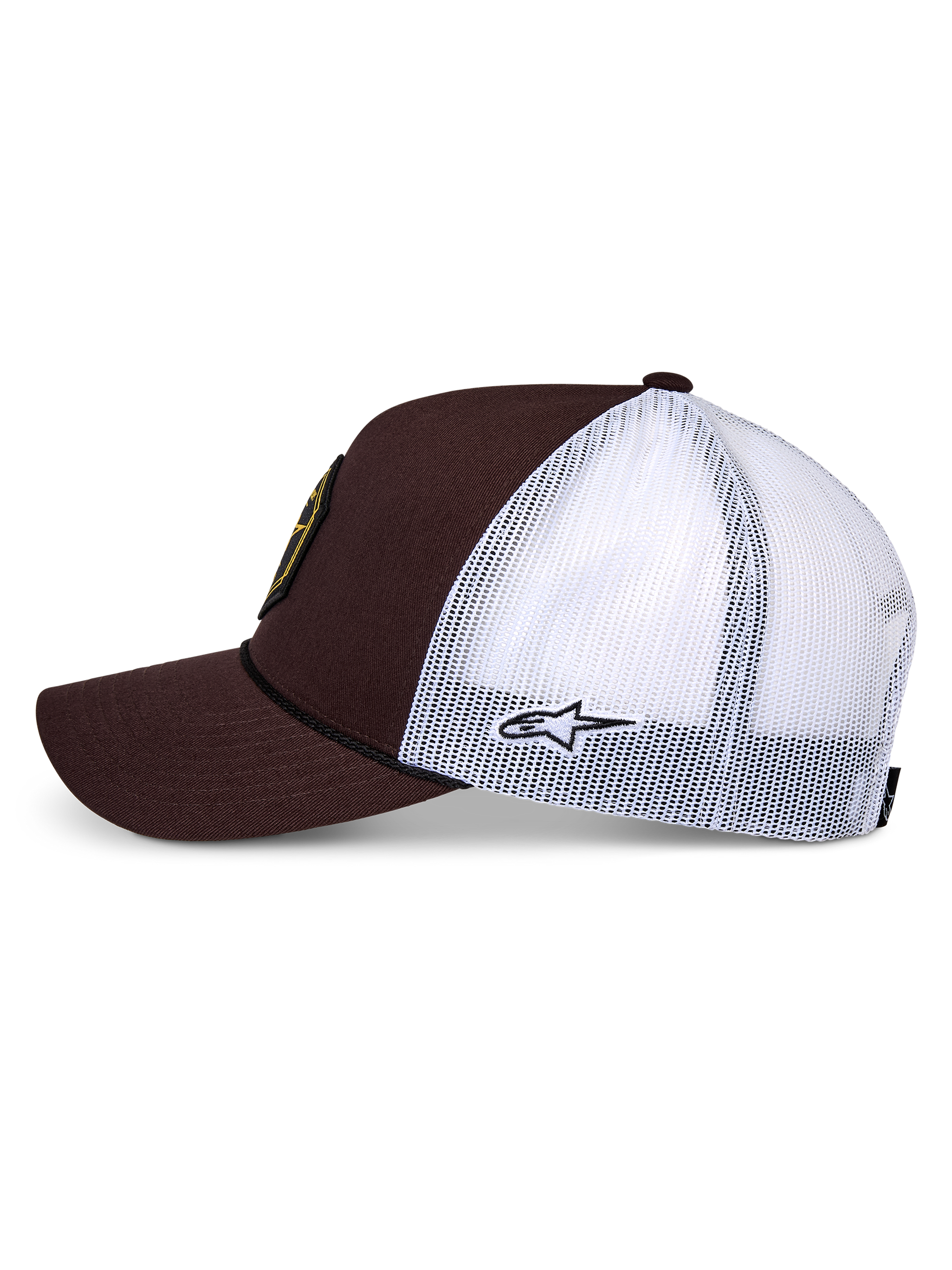 Cappellino Trucker Alpinestars Hexeon, cappellino trucker, marrone e bianco, profilo laterale, parte anteriore in twill marrone scuro con retro in rete bianca, logo Astars ricamato sul lato, visiera curva, design sportswear casual
