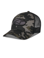 Cappellino Alpinestars Oblique Camo Trucker, motivo mimetico nero con retro in rete nera, patch ovale ricamata con logo Astars sul davanti, visiera curva e corona strutturata, accessorio casual ispirato al motorsport