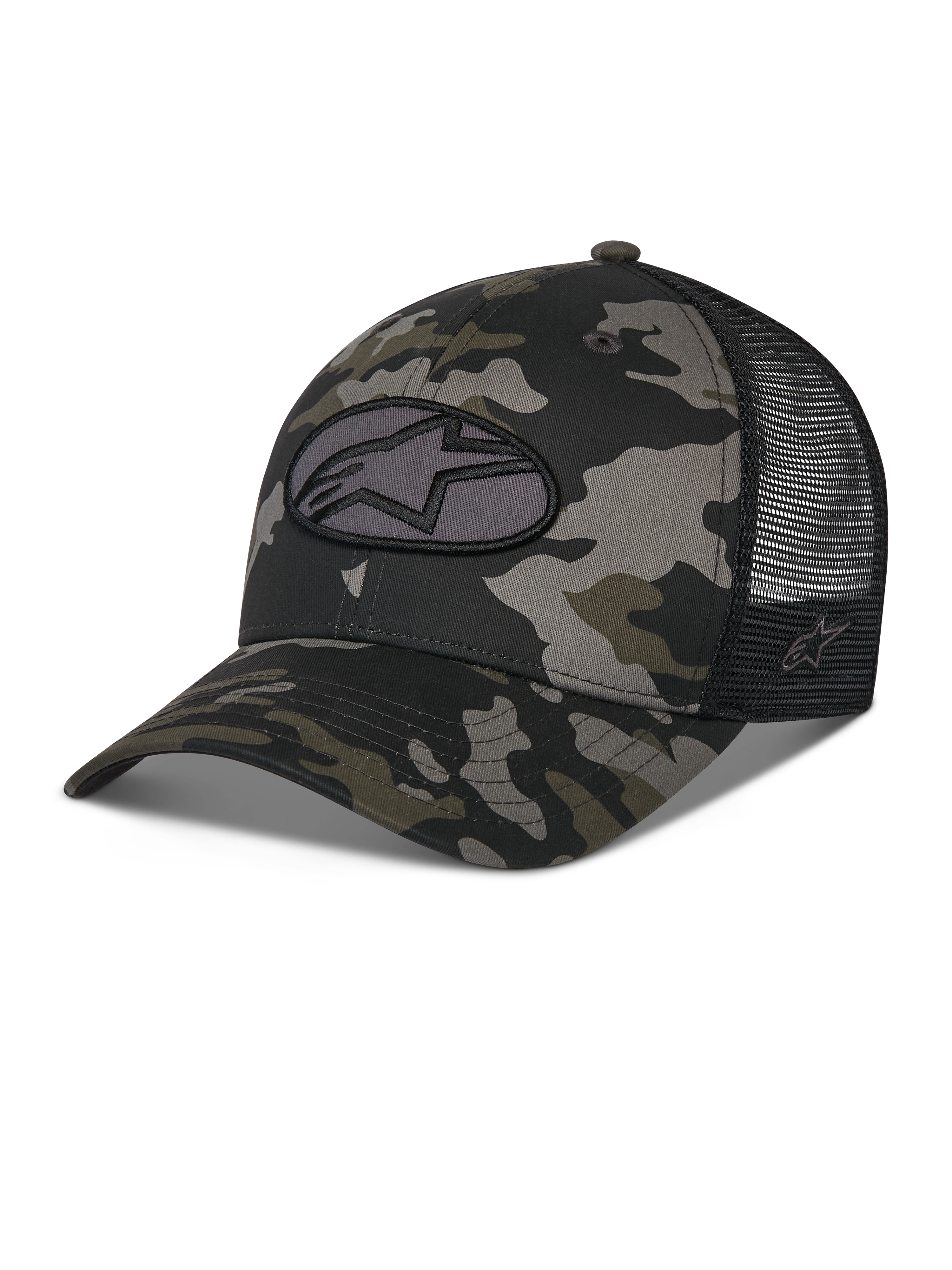 Cappellino Alpinestars Oblique Camo Trucker, motivo mimetico nero con retro in rete nera, patch ovale ricamata con logo Astars sul davanti, visiera curva e corona strutturata, accessorio casual ispirato al motorsport