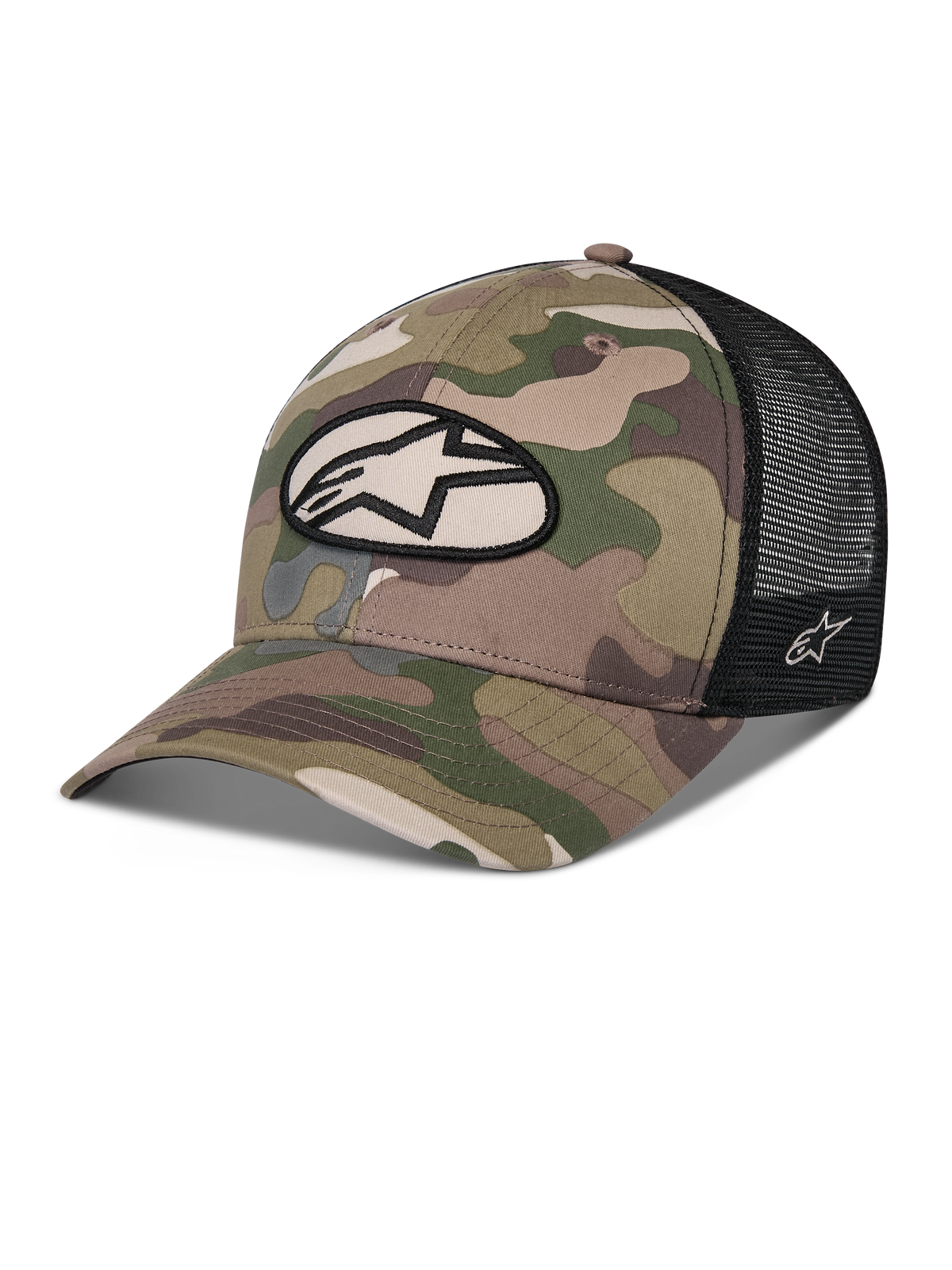 Cappello Trucker Alpinestars Oblique Camo, camouflage verde e nero, parte anteriore in twill mimetico con retro in rete nera, patch logo Alpinestars ovale sul davanti, visiera curva, copricapo casual da motorsport