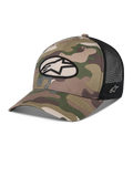 Cappello Trucker Alpinestars Oblique Camo, camouflage verde e nero, parte anteriore in twill mimetico con retro in rete nera, patch logo Alpinestars ovale sul davanti, visiera curva, copricapo casual da motorsport