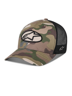 Cappello Trucker Alpinestars Oblique Camo, camouflage verde e nero, parte anteriore in twill mimetico con retro in rete nera, patch logo Alpinestars ovale sul davanti, visiera curva, copricapo casual da motorsport