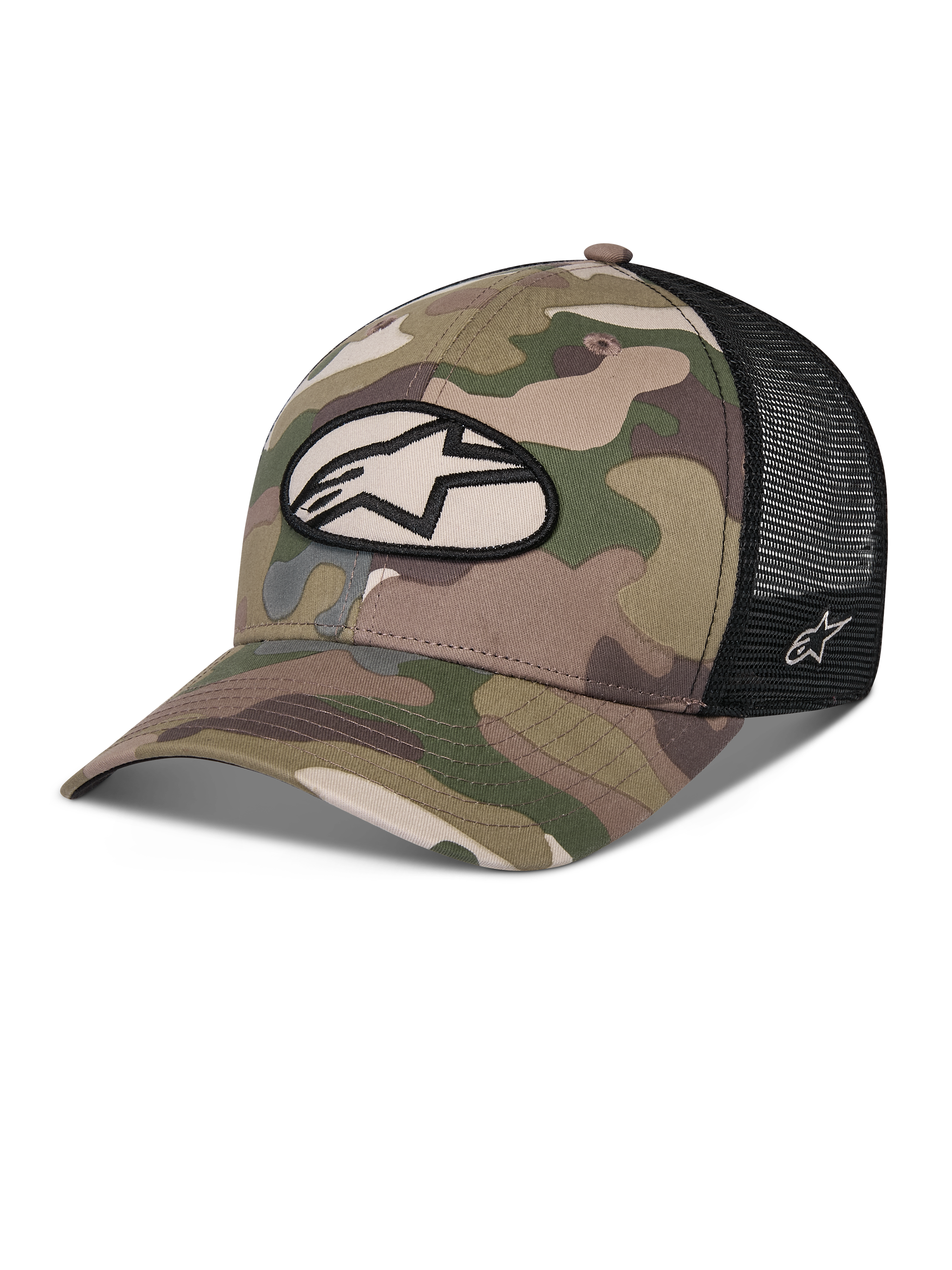 Cappello Trucker Alpinestars Oblique Camo, camouflage verde e nero, parte anteriore in twill mimetico con retro in rete nera, patch logo Alpinestars ovale sul davanti, visiera curva, copricapo casual da motorsport