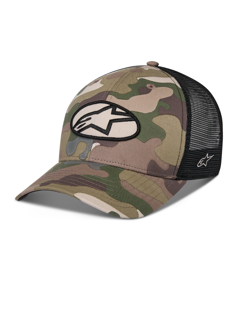 Cappello Trucker Alpinestars Oblique Camo, camouflage verde e nero, parte anteriore in twill mimetico con retro in rete nera, patch logo Alpinestars ovale sul davanti, visiera curva, copricapo casual da motorsport