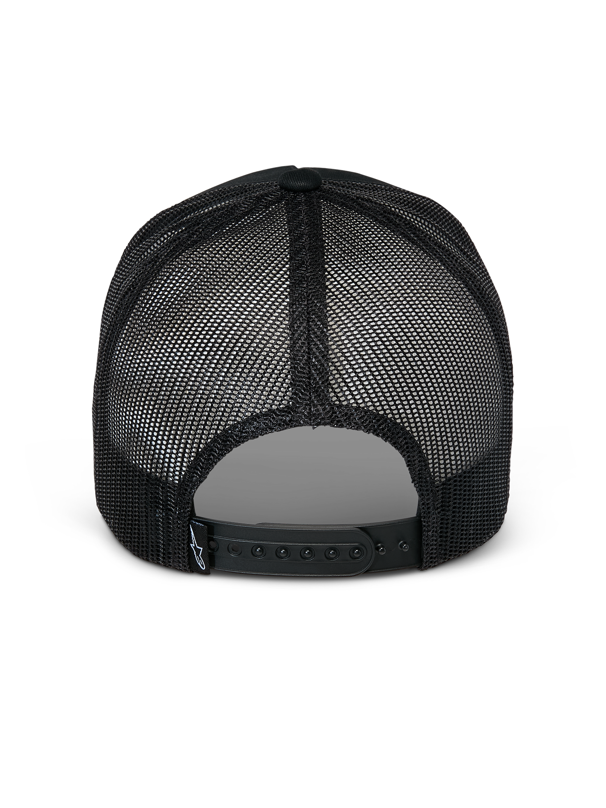 Alpinestars Finisher Trucker Hat, Black, rear view showing poly mesh back and adjustable snapback closure, casual motorsport headwear