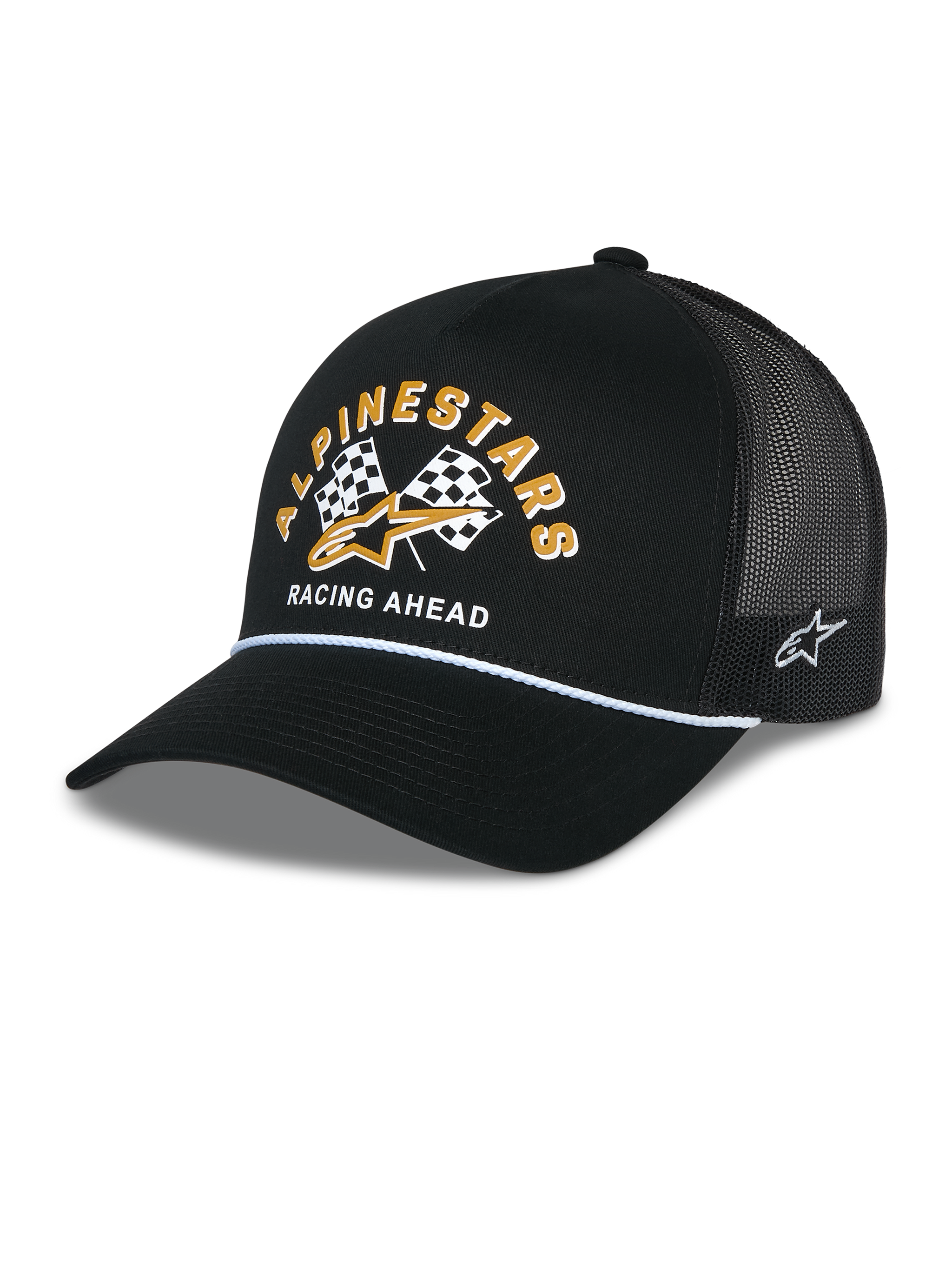 Alpinestars Finisher Trucker Hat, black trucker cap with breathable mesh back, curved bill with white rope accent, features front graphic with yellow Alpinestars lettering and checkered flags, side embroidered star logo, casual motorsport-inspired headwear