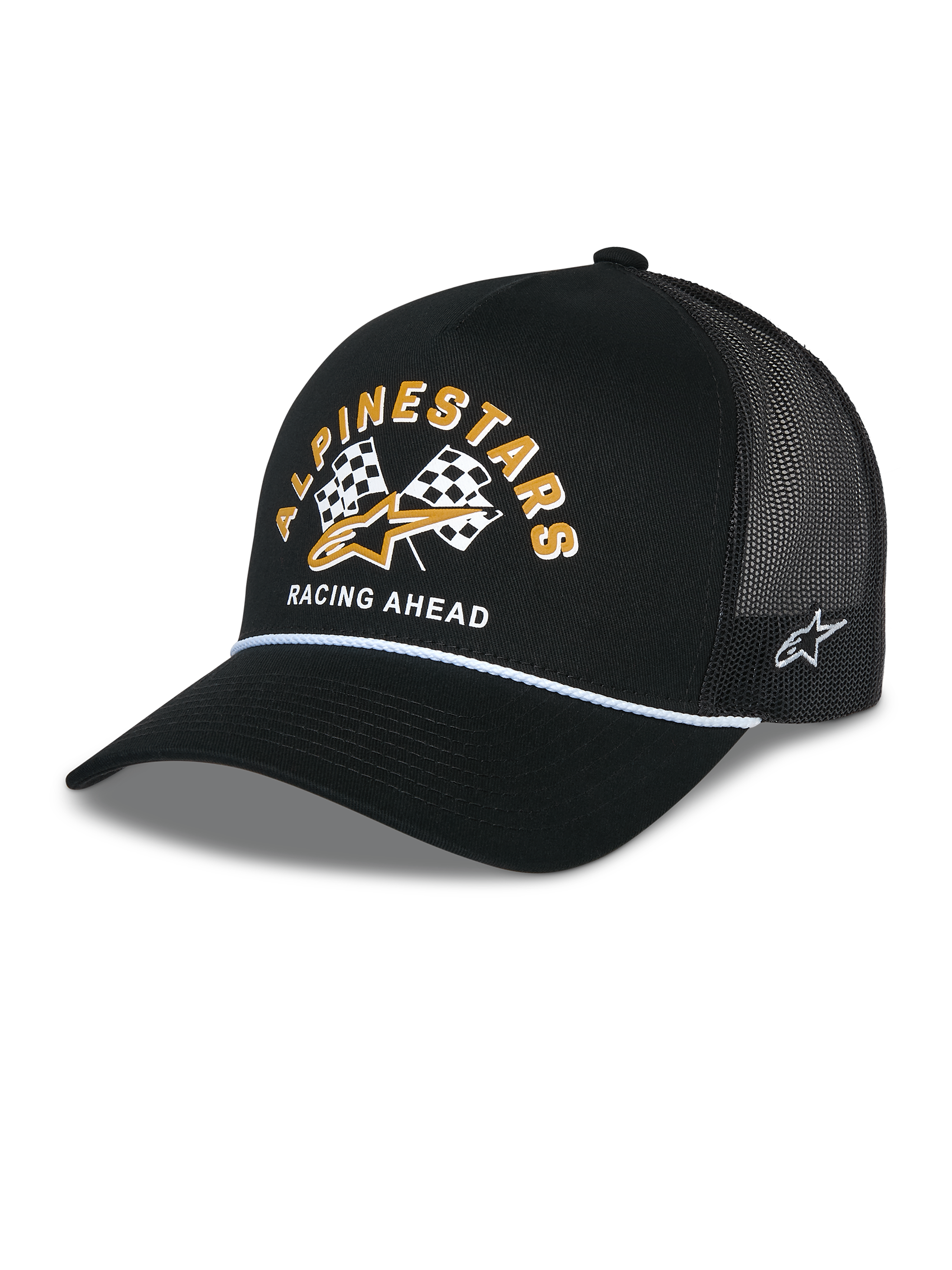 Cappellino Alpinestars Finisher Trucker, cappello trucker nero con retro in rete traspirante, visiera curva con dettaglio cordino bianco, grafica frontale con scritta Alpinestars gialla e bandiere a scacchi, logo a stella ricamato lateralmente, copricapo casual ispirato al motorsport