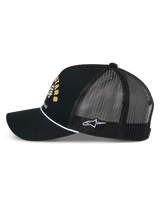 Alpinestars Finisher Trucker Hat, side view, black trucker cap with breathable mesh back, embroidered white Astars logo on side, curved bill with white piping, checkered flag graphic on front, casual motorsport-inspired streetwear